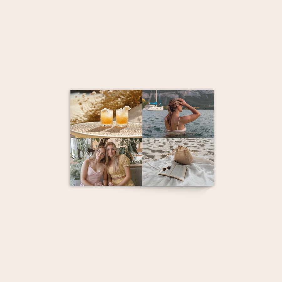 Foto su Legno Stampa su legno personalizzata con collage di quattro foto che mostra due donne, bevande, una donna in acqua e un libro sulla sabbia.