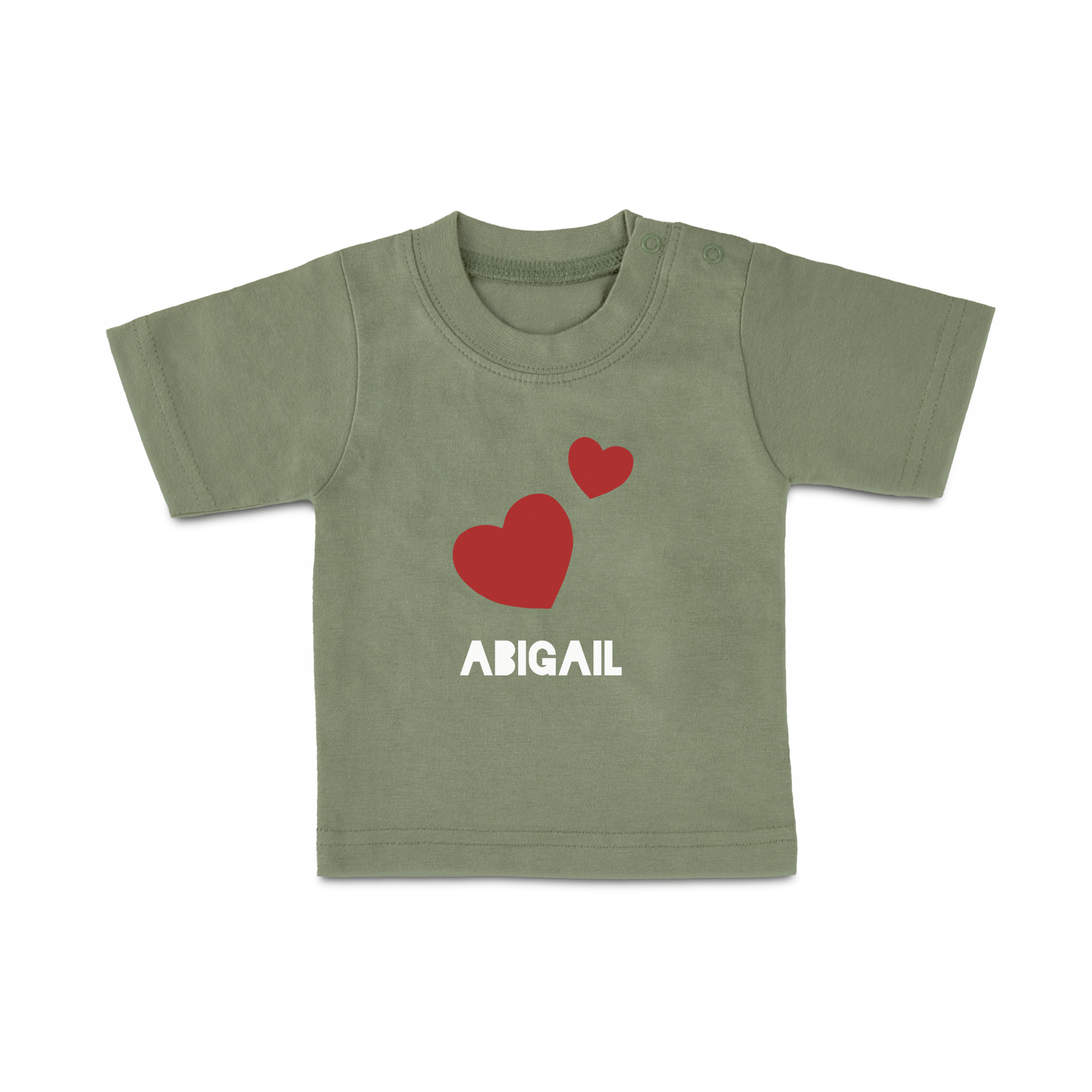 Olíva zöld babaing piros szívecskékkel és Abigail névvel nyomtatva