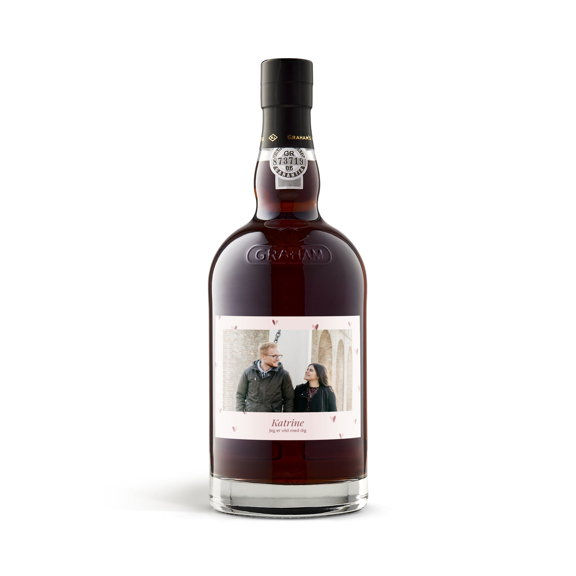 Grahams den tawny reserve flaske med foto label, hvor et par kigger på hinanden og teksten Katrine jeg er vild med dig