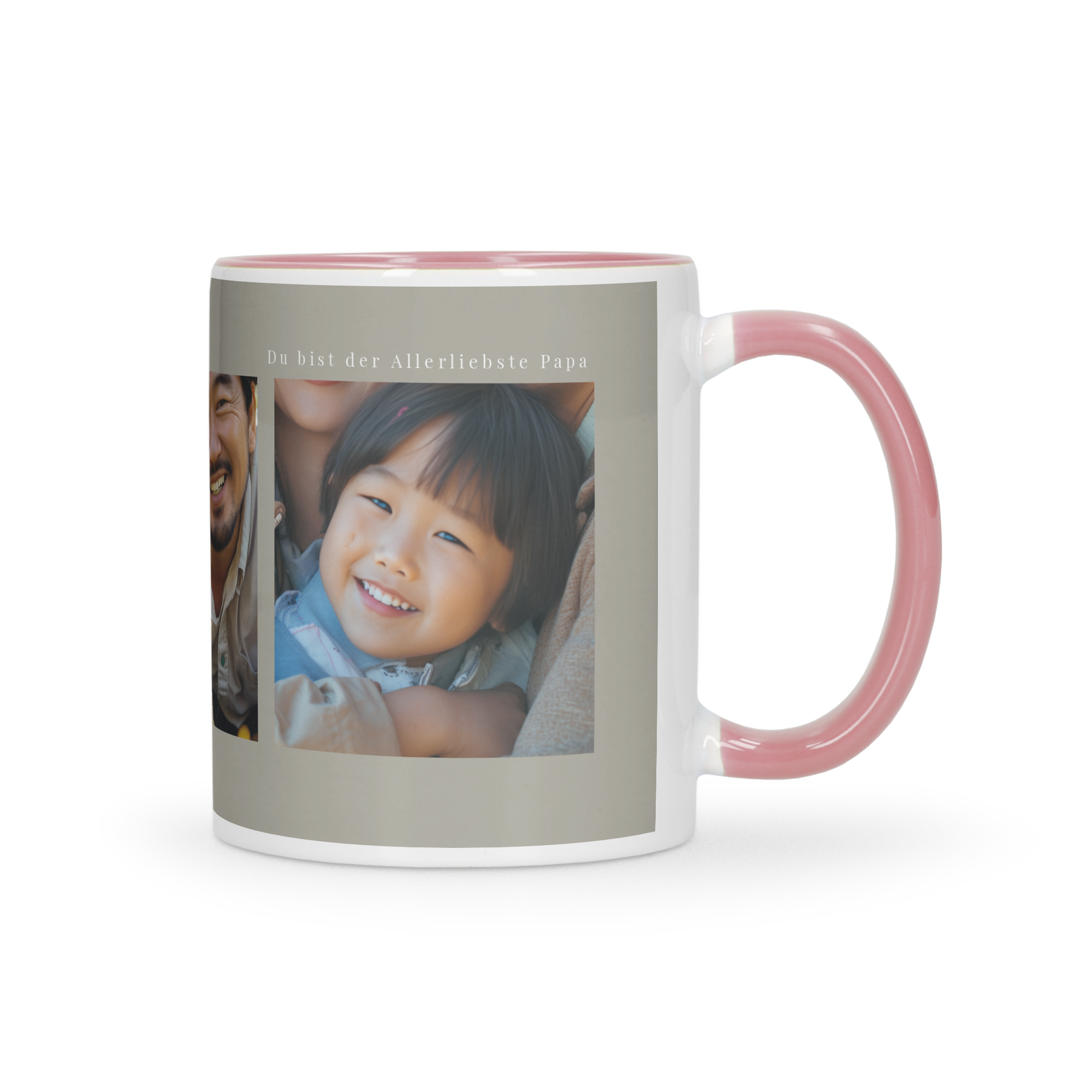 Weiße Tasse mit rosafarbenem Henkel und Rand, bedruckt mit einem Foto eines lachenden Kindes und dem Text Du bist der Allerliebste Papa
