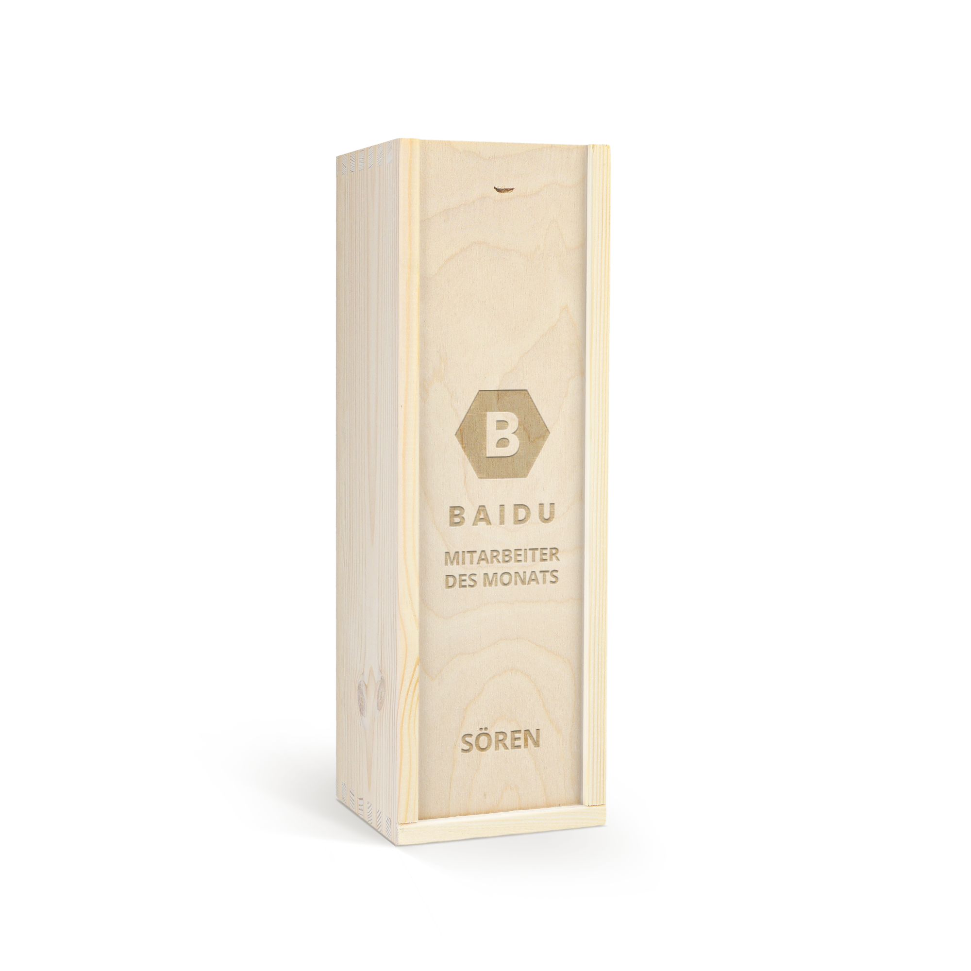 Holzkiste mit Gravur für Palau Gazo Brut Cava, personalisiert mit Text BAIDU MITARBEITER DES MONATS SÖREN