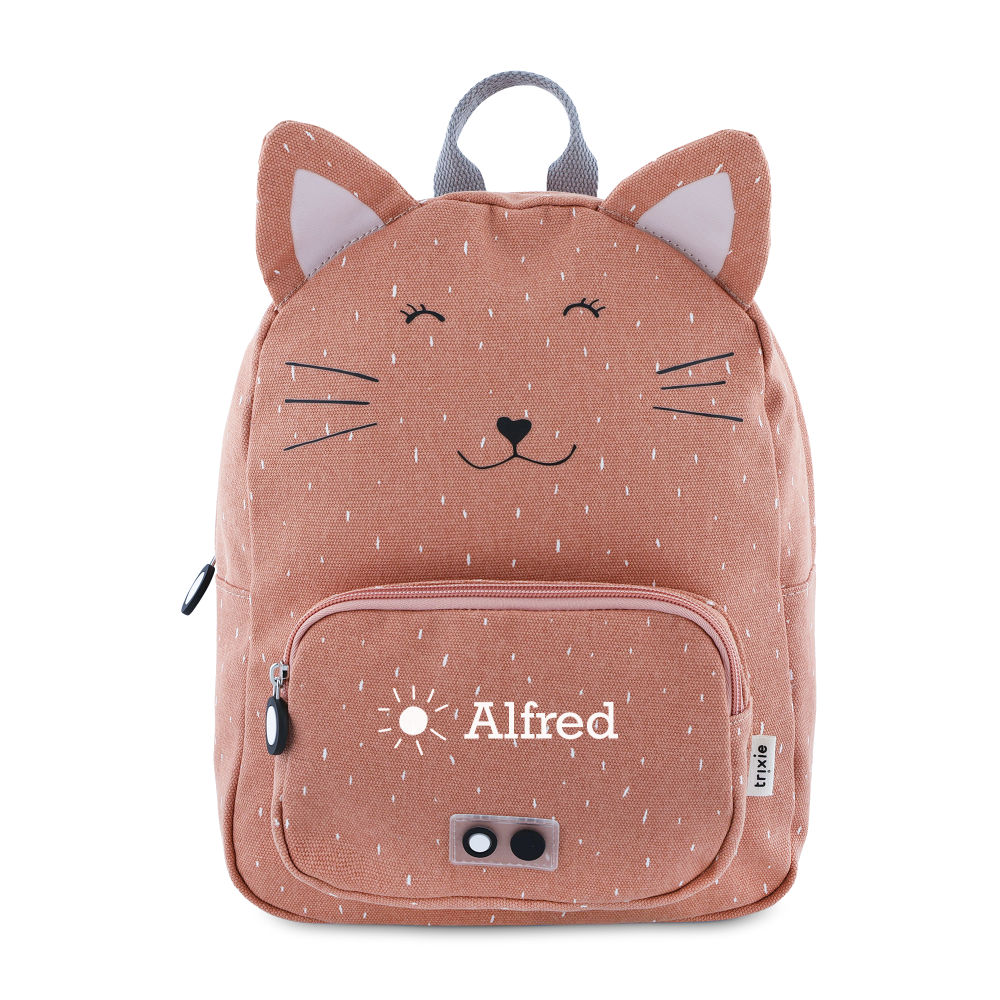 Personlig barneryggsekk med kattemotiv, trykt med navnet Alfred og et solsymbol.