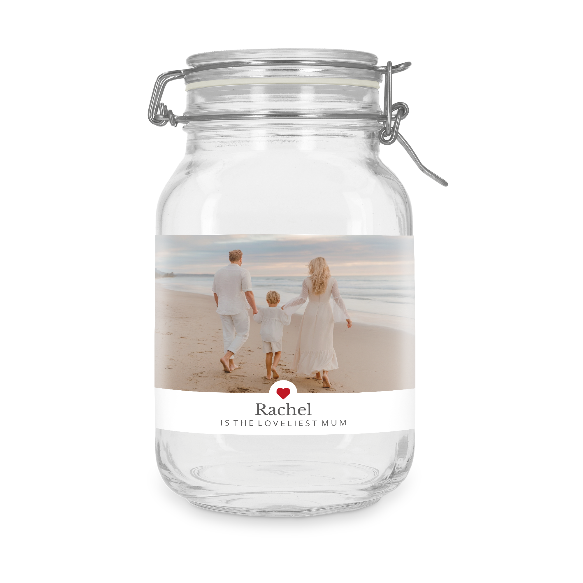 Tarro de cristal con tapa personalizado con foto familiar y el nombre "Rachel" impreso.