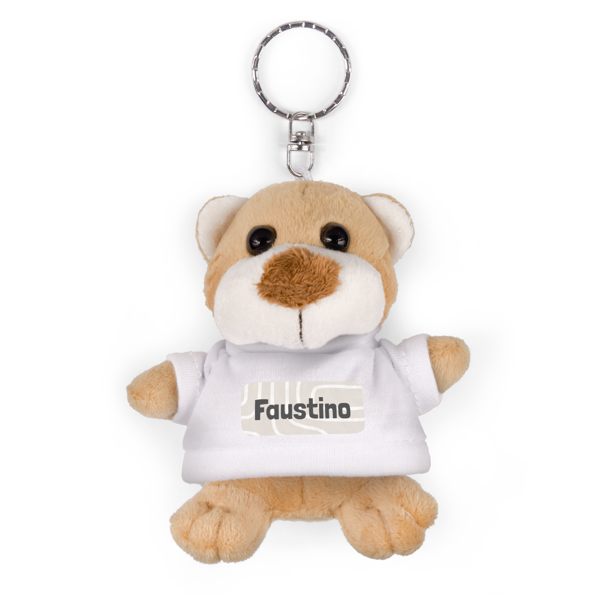 Chaveiro de urso de pelúcia com nome Faustino impresso na camiseta branca