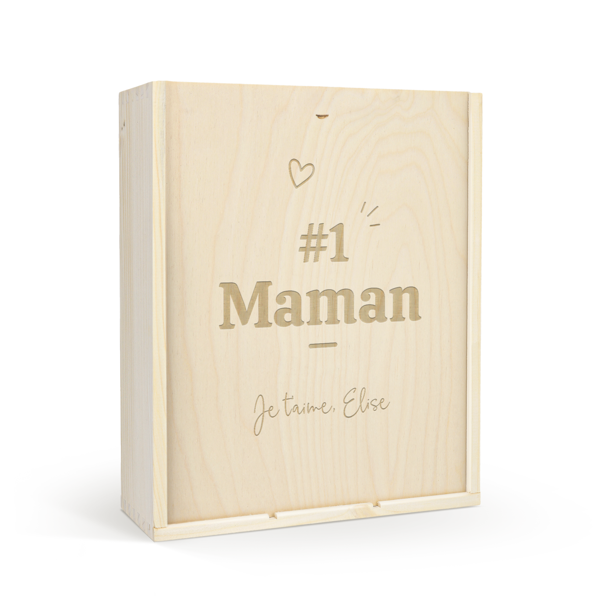 Caisse à vin de luxe personnalisée en bois gravée dun cœur, du texte #1 Maman et Je taime Elise