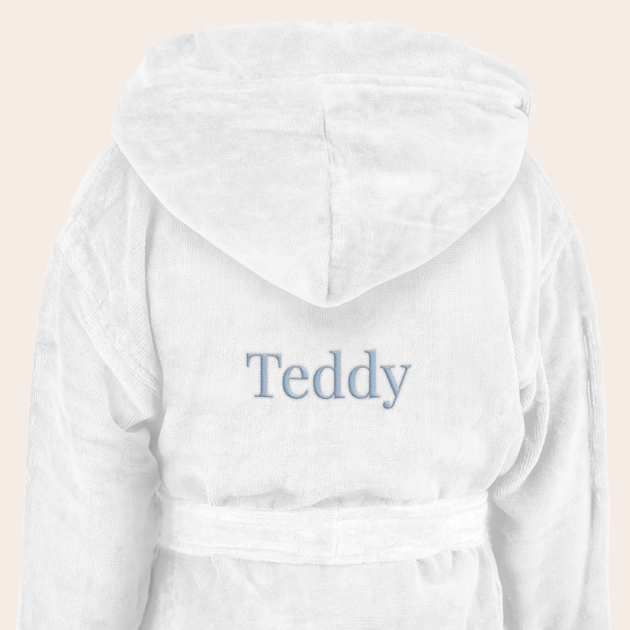 Children's bathrobe White hooded personalised bathrobe for children, embroidered with the name Teddy in blue thread