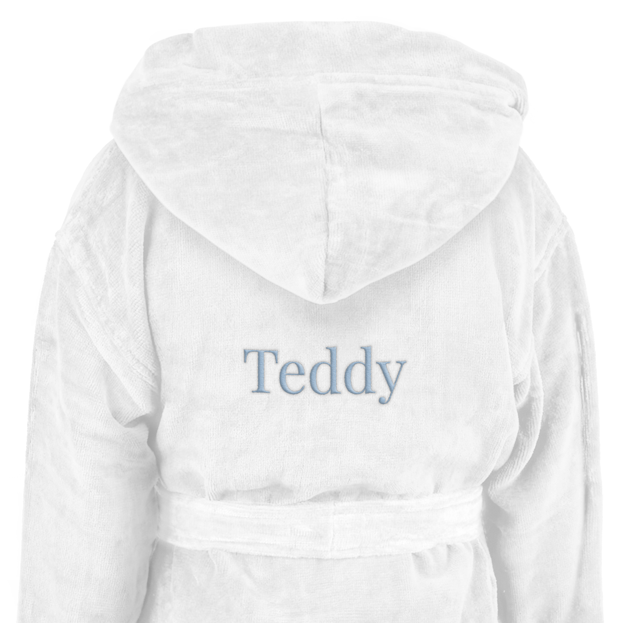 White hooded personalised bathrobe with Teddy embroidered on the back, soft and cozy for little ones.