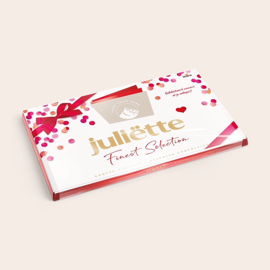 merci Finest Selection met kaart Merci Finest Selection chocolade mix 400 gram met gepersonaliseerde kaart, bedrukt met naam Juliette en confetti design