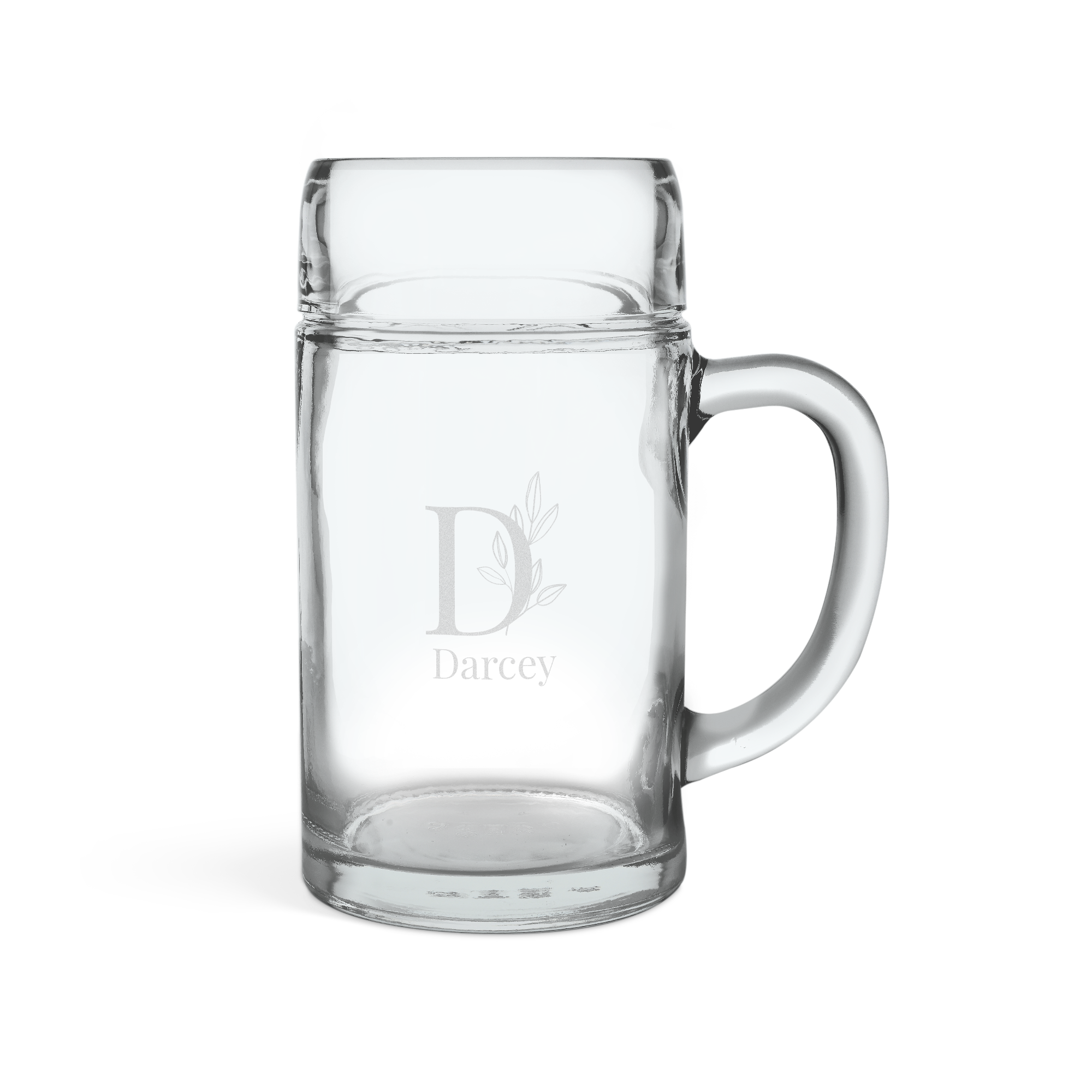 Copo de cerveja de 1 litro personalizado com o nome "Darcey" e a letra D gravados, um brinde à boa vida.