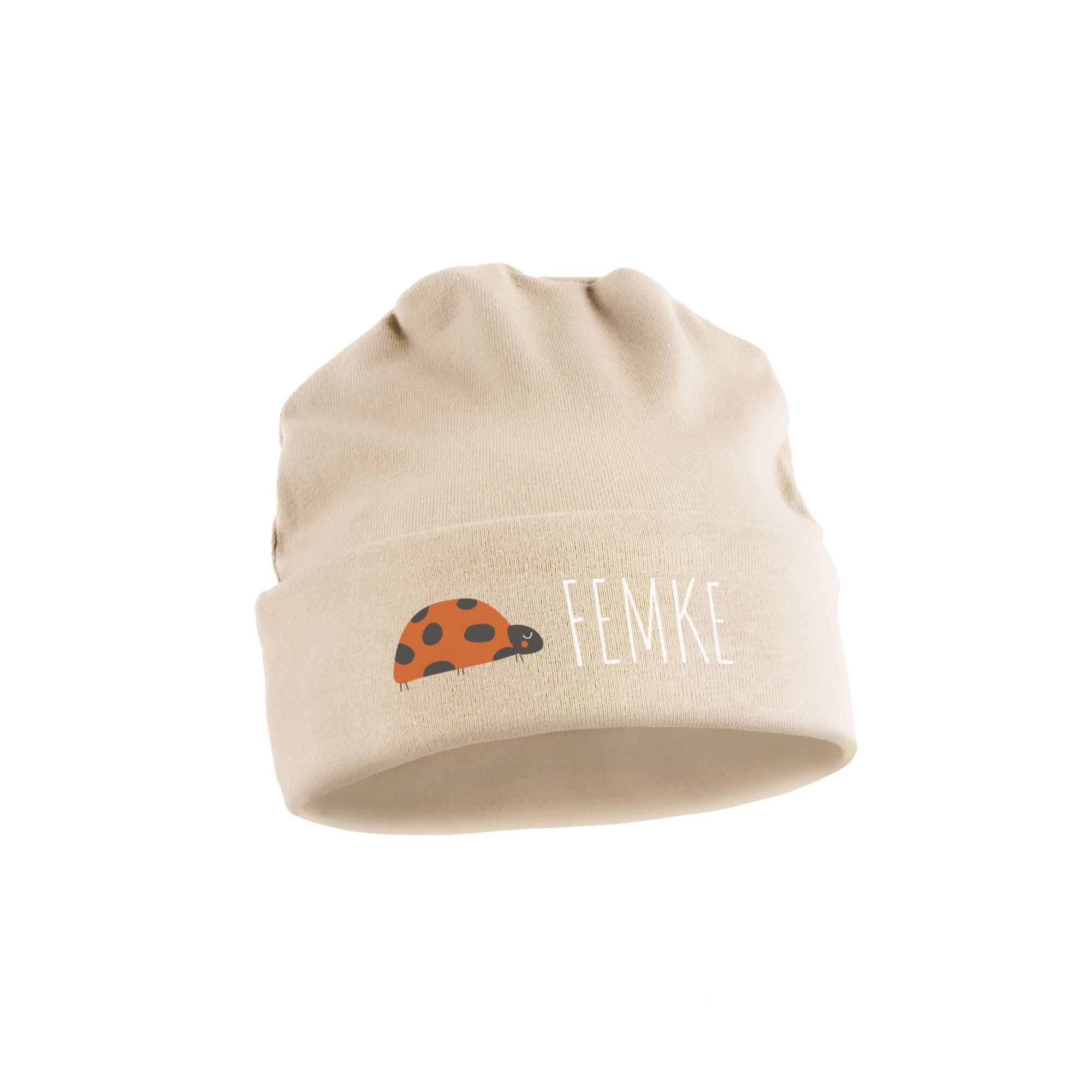 Schattig bedrukt babymutsje in beige met een liefheersbeestje en de naam 'FEMKE'.