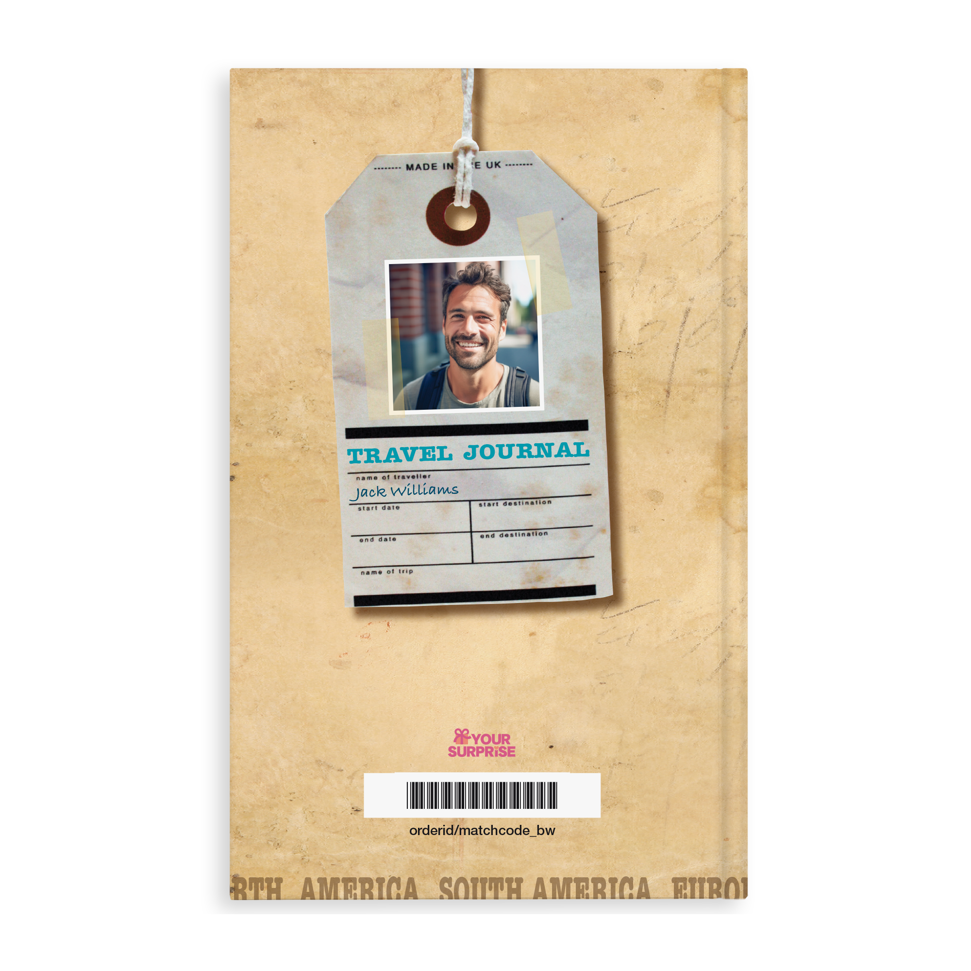 Jurnal de călătorie personalizat imprimat cu numele Jack Williams și fotografia unui bărbat zâmbitor.