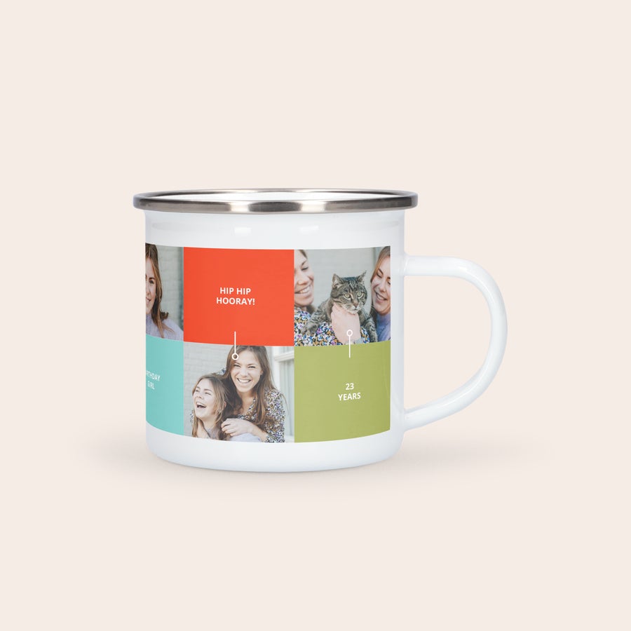 Spersonalizowany kubek emaliowany Super fajny emaliowany kubek personalizowany zdjęciem, biały, z nadrukowanymi zdjęciami i tekstem