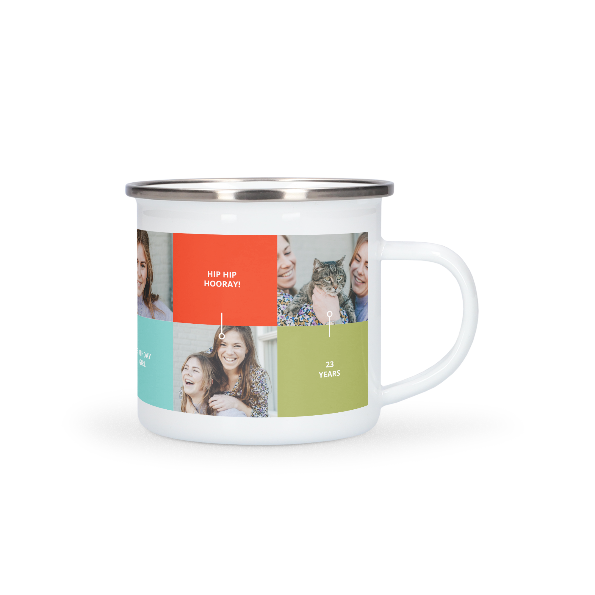 Tazza smaltata personalizzata bianca con bordo in metallo, stampata con 4 foto e scritte "Hip Hip Hooray!" e "23 Years".