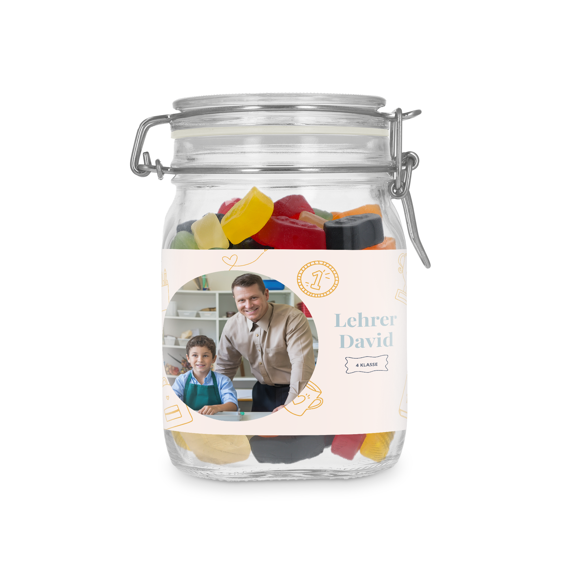 Personalisiertes Bonbonglas mit Weingummi, bedruckt mit Foto von Lehrer David und Schüler, Klasse 4