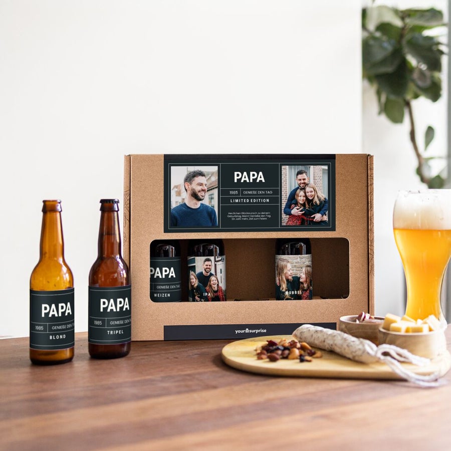 Bier mit eigenem Etikett: personalisiertes Geschenkset für Papa, bedruckt mit Fotos und Text.