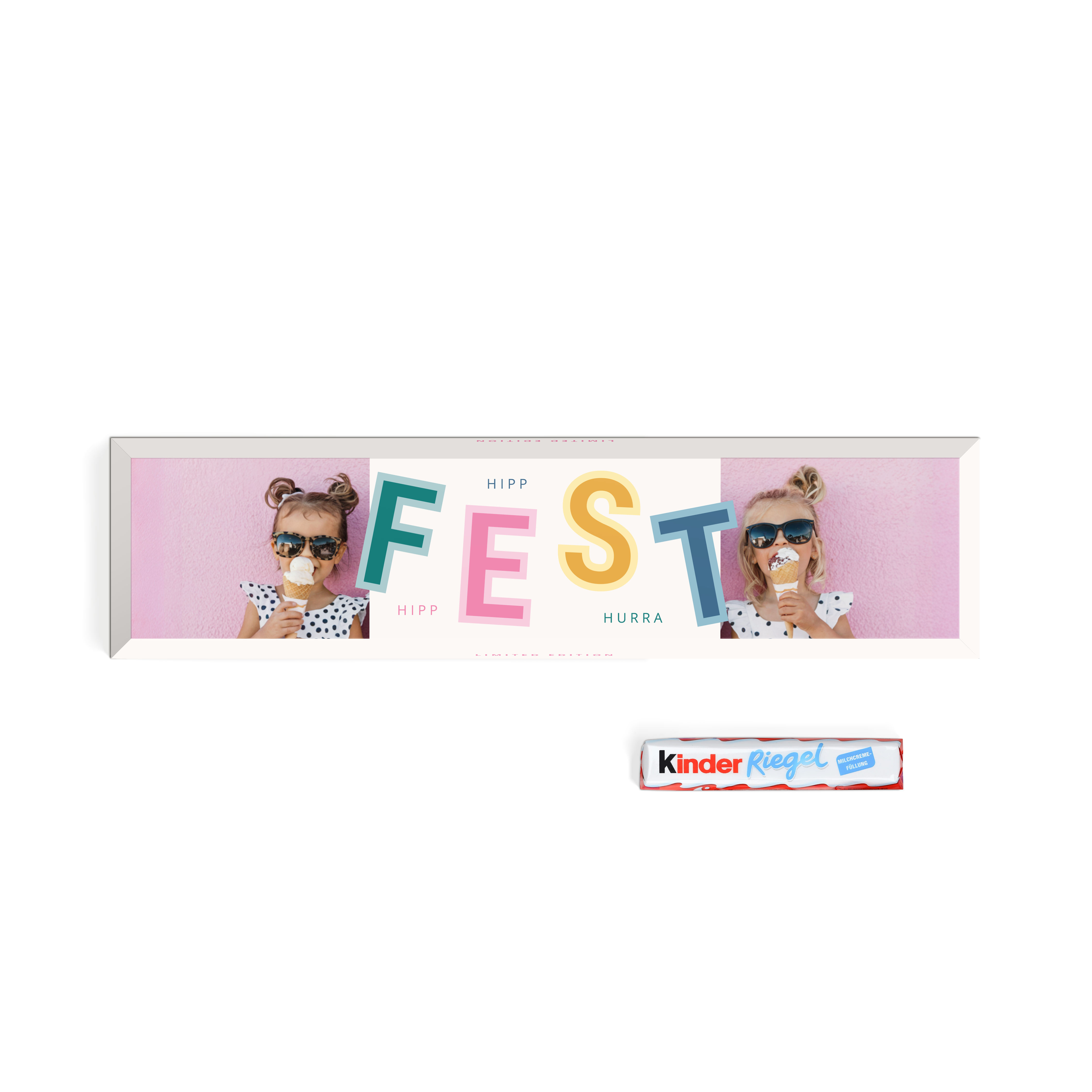 XXL Kinder Riegel personalisieren mit Fotos von zwei lachenden Kindern und dem Schriftzug 