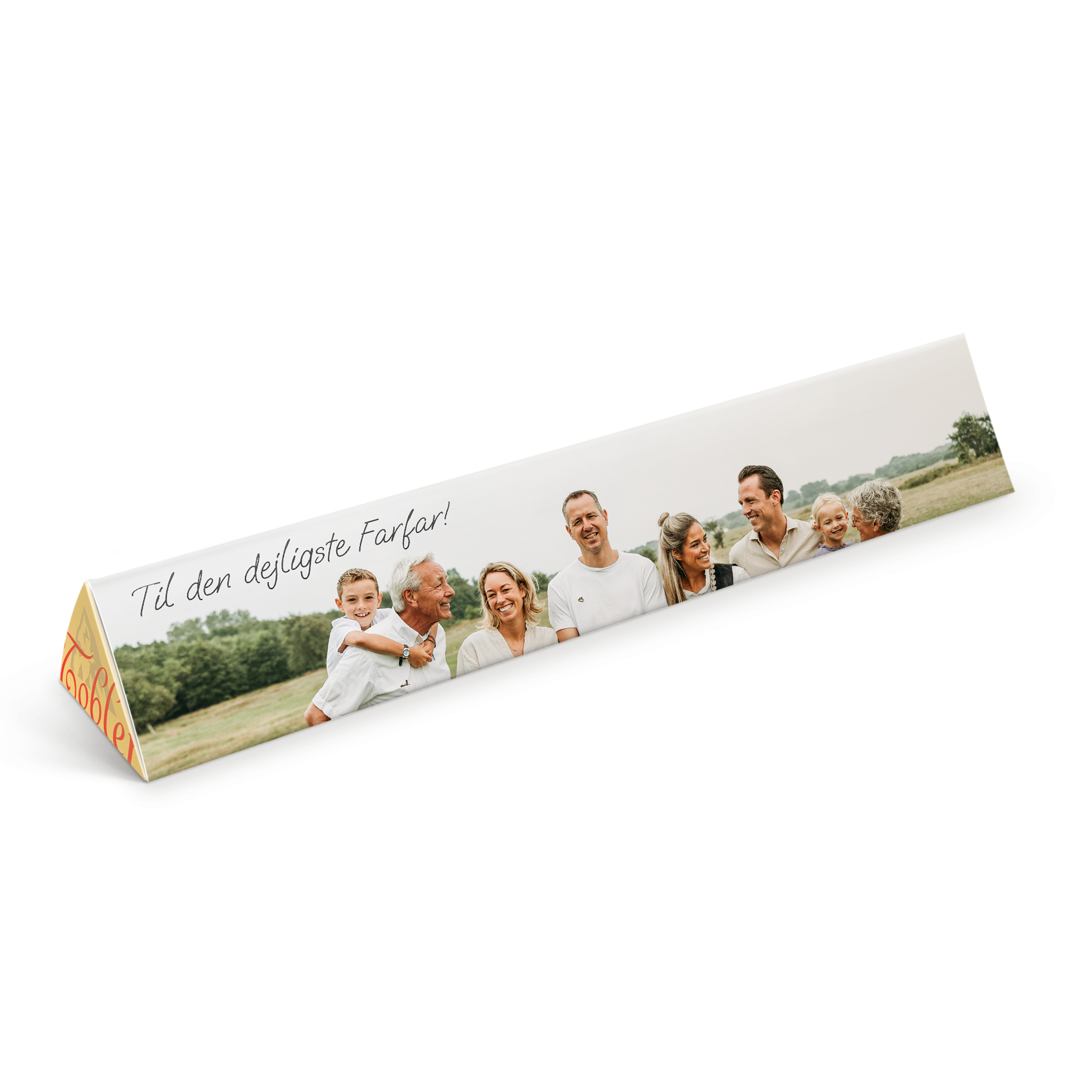 Stor personlig Toblerone chokolade trykt med et familiebillede og teksten Til den dejligste Farfar