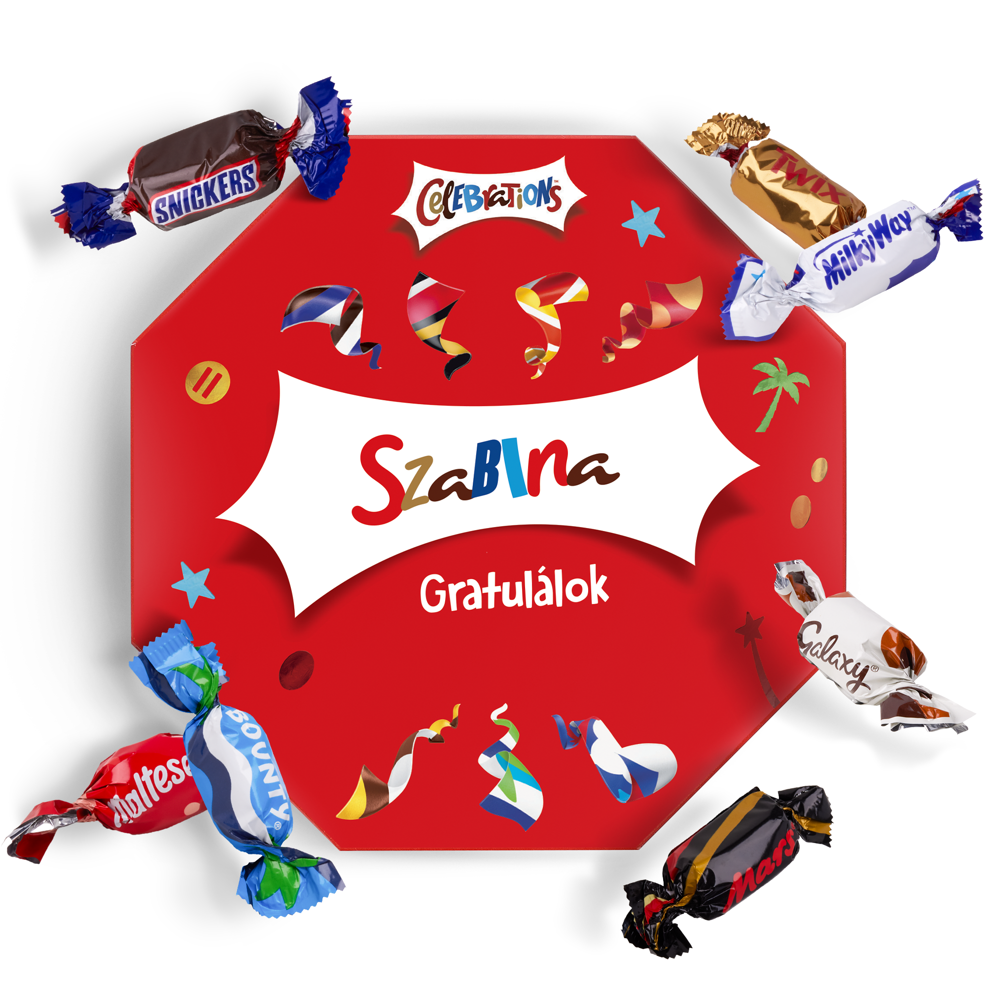 Személyre szabott Celebrations doboz piros alapon 