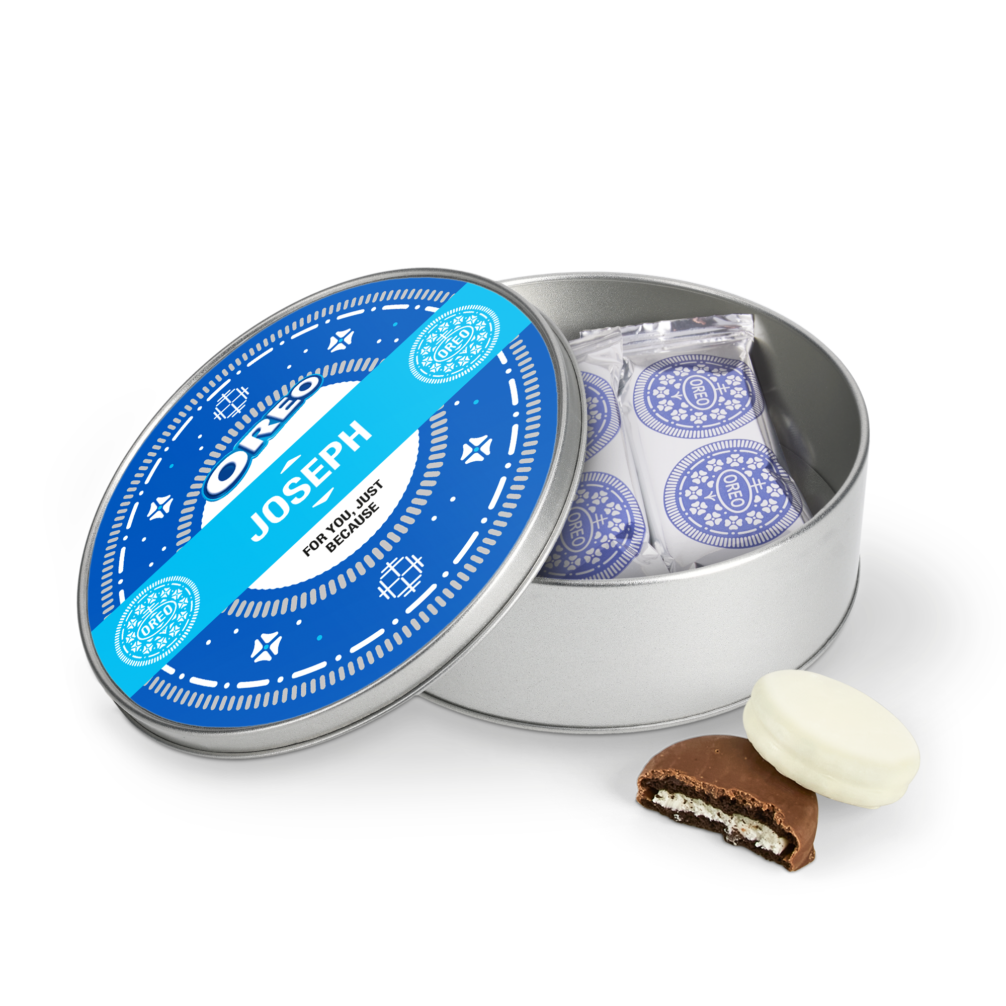 Oreo darilna pločevinka s potiskom imena Joseph, polnjena z Oreo piškoti v čokoladi