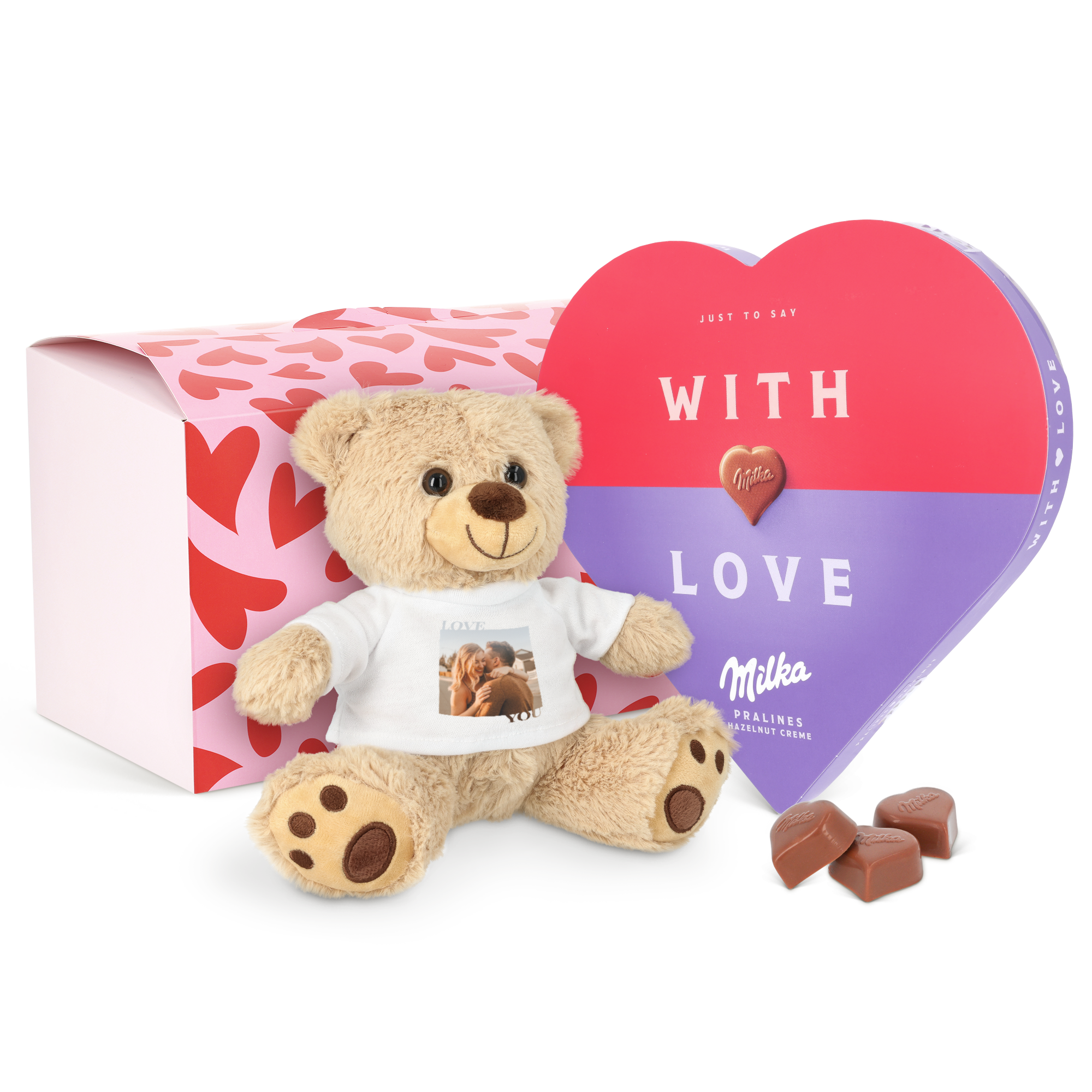 Nalle med Milka Heart, en Milka-ask i hjärtform och en nalle med tryckt foto och texten Love You