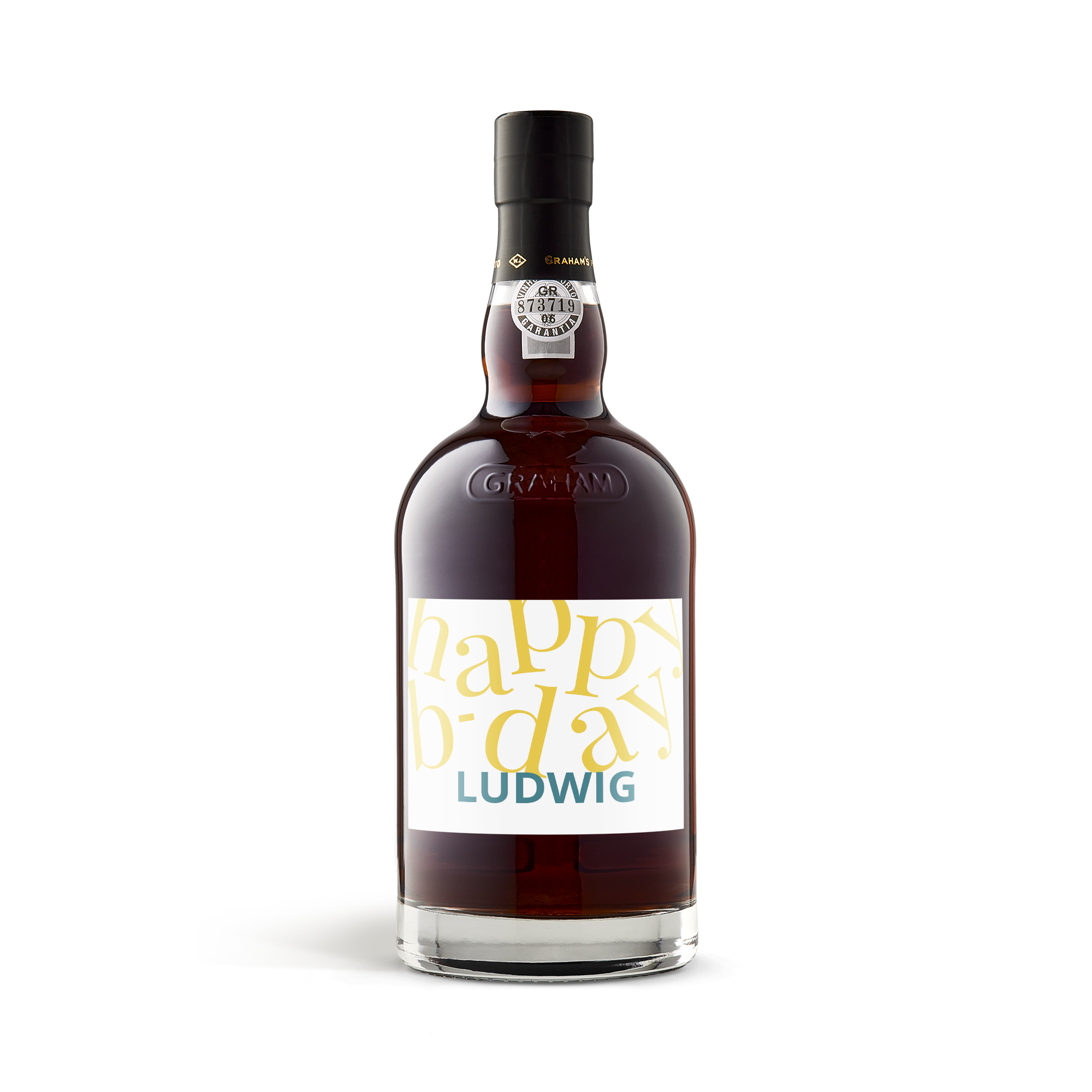 Flaska Graham's portvin med personlig etikett med texten Happy B-day och namnet Ludwig