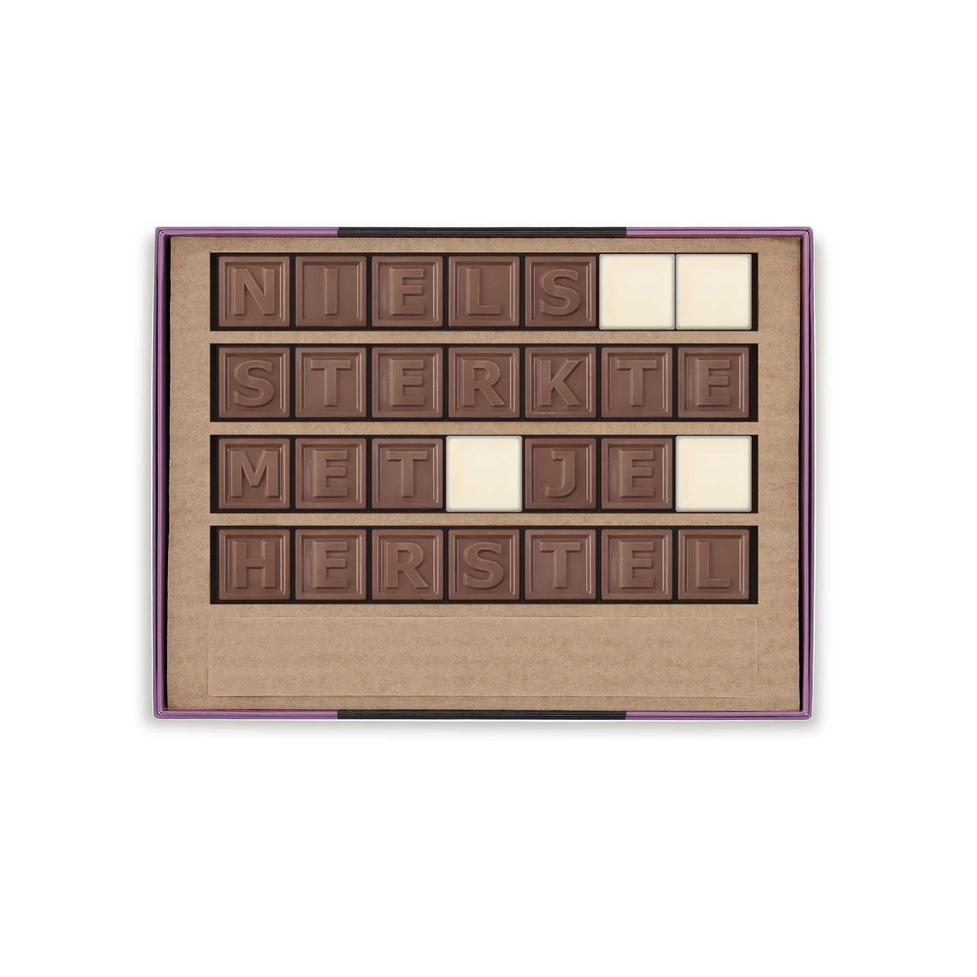 Chocotelegram met de gepersonaliseerde boodschap Niels sterkte met je herstel, in melk- en witte chocolade blokjes