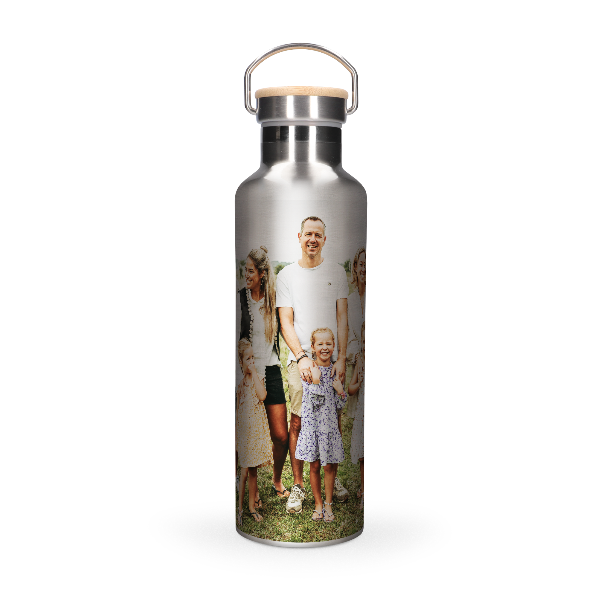 Personalised bamboo water bottle with a printed family photo