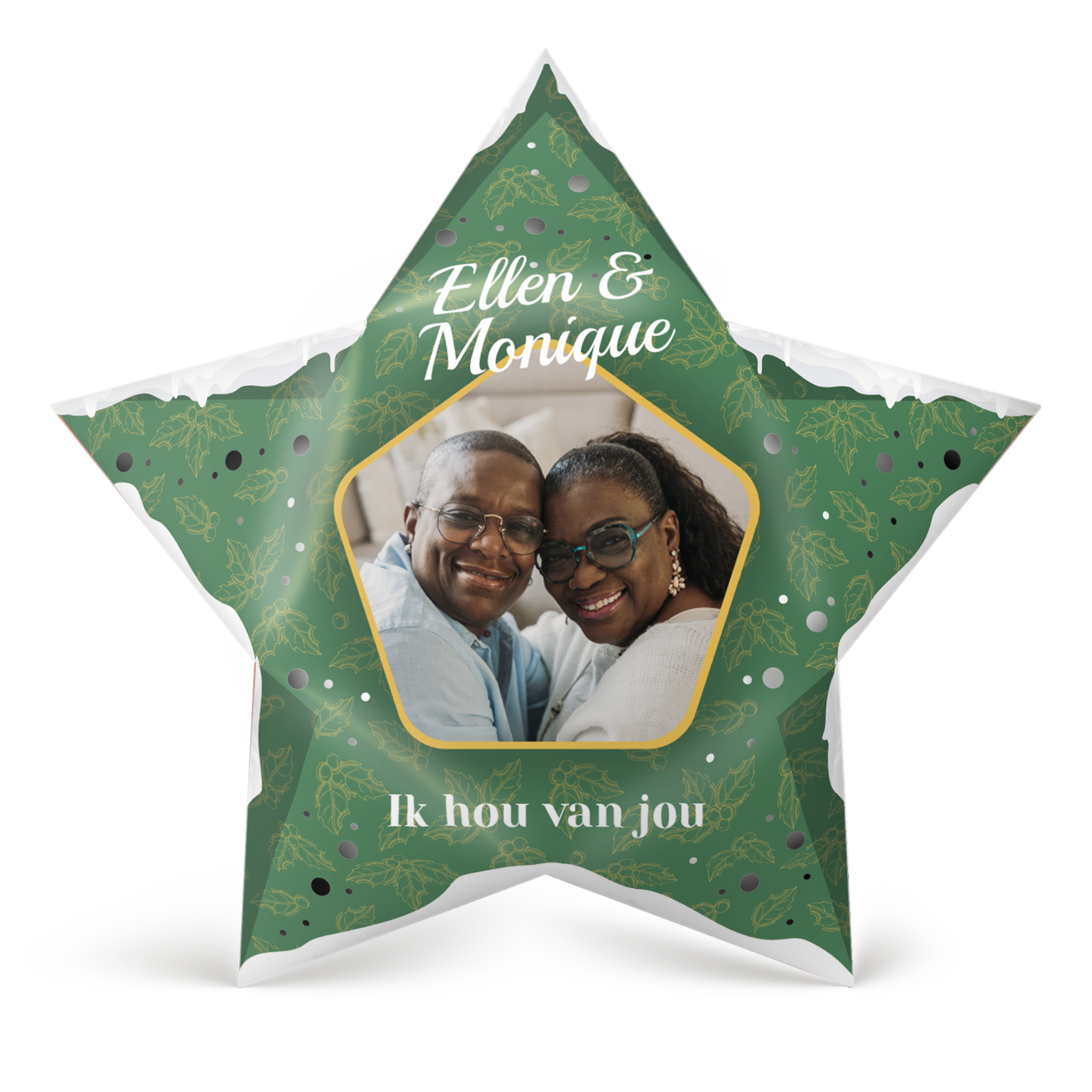 DIY papieren kerstster bedrukt met een foto van twee personen, de namen Ellen & Monique en de tekst "Ik hou van jou". Verlicht de feestdagen met een persoonlijk tintje.