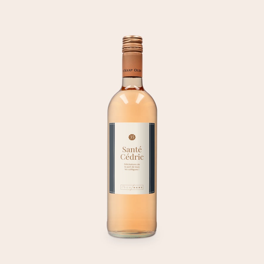 Coffret vin Oude Kaap - Rosé personnalisé Bouteille de Oude Kaap Rosé personnalisée avec étiquette imprimée "Santé Cédric" et logo