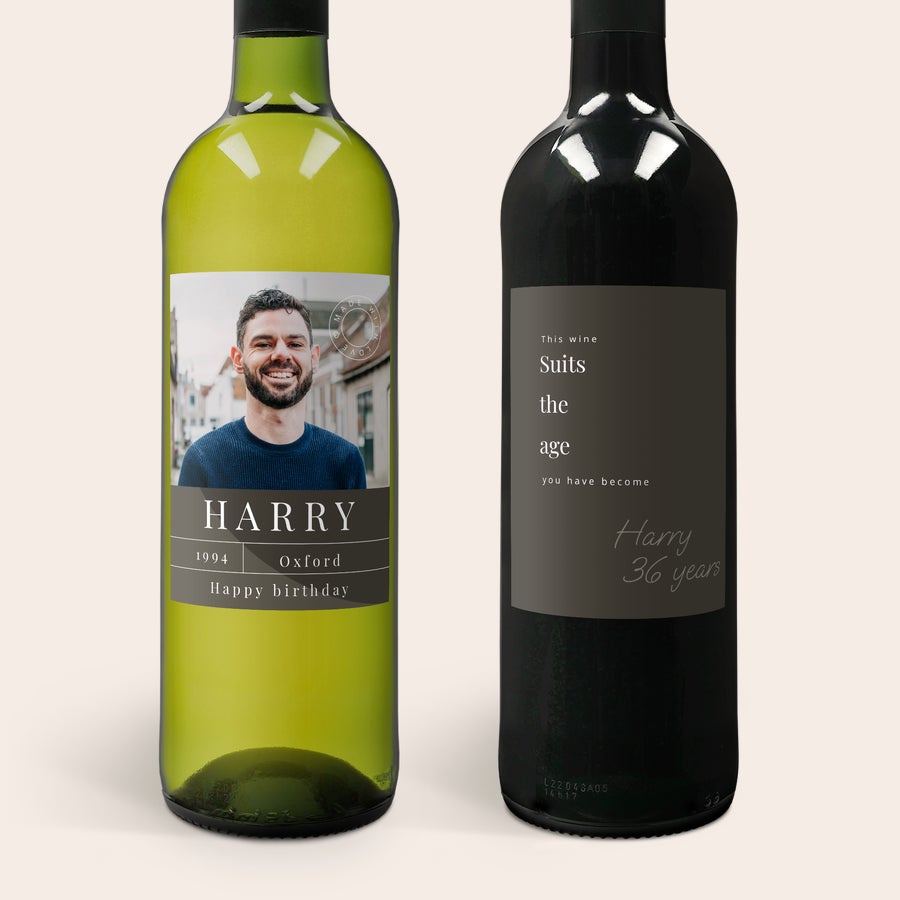 Dárkový set - Belvy - Červené, růžové a bílé Belvy vína s osobními etiketami, bílé víno s fotkou Harryho a červené víno s textem 36 let