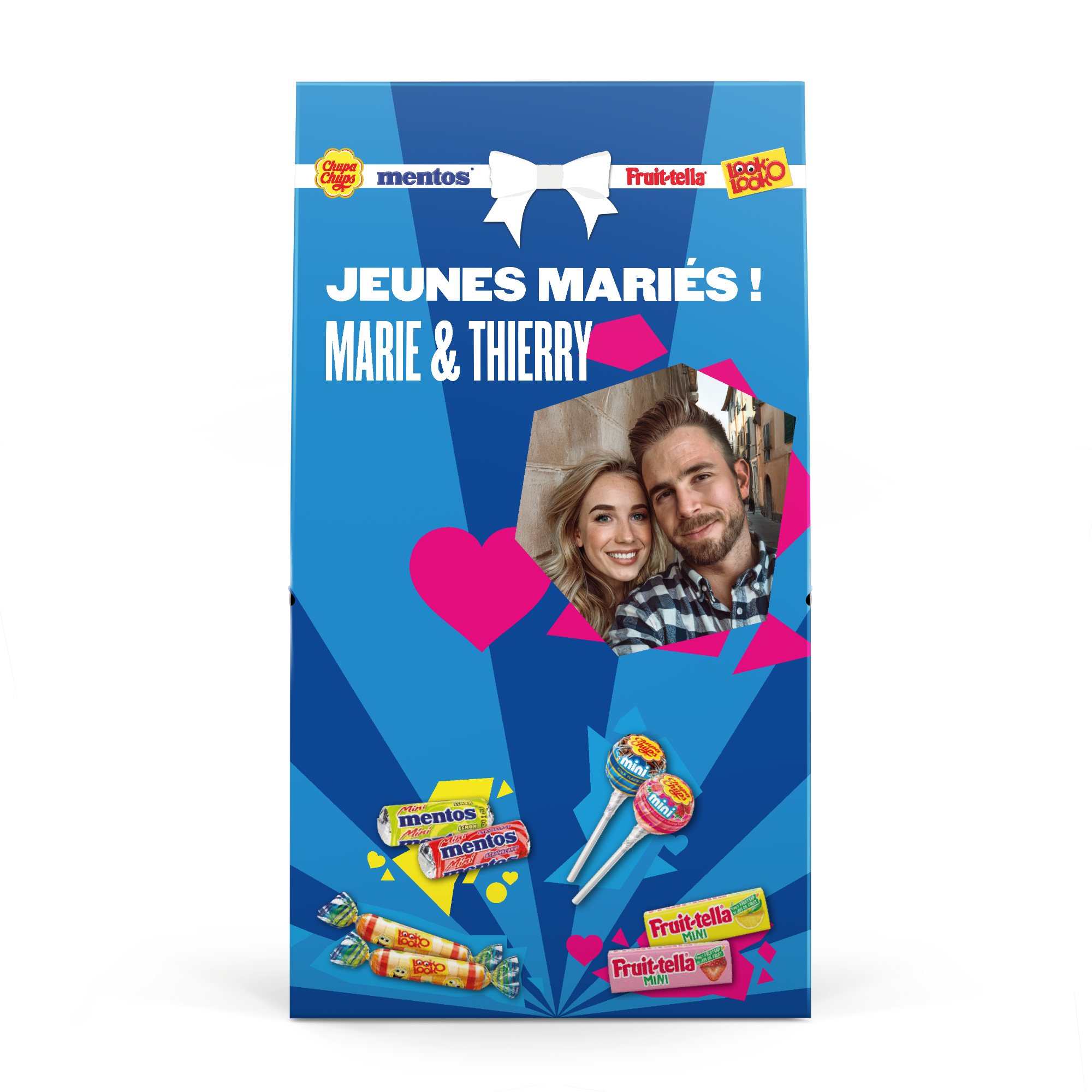 Mélange de bonbons Fruit-tella personnalisé pour jeunes mariés Marie et Thierry imprimé avec leur photo