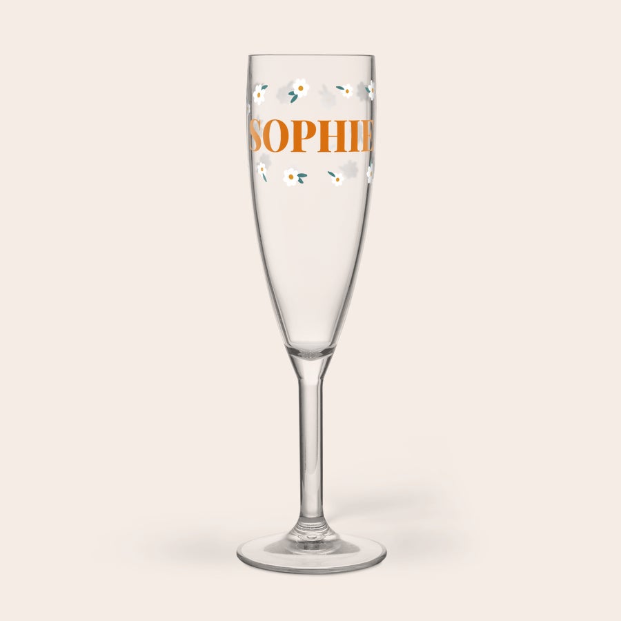 Personalizowany kieliszek na szampana ze zdjęciem - plastikowy Kieliszek na szampana z personalizowanym nadrukiem "SOPHIE" i motywem kwiatowym, idealny na imprezy plenerowe