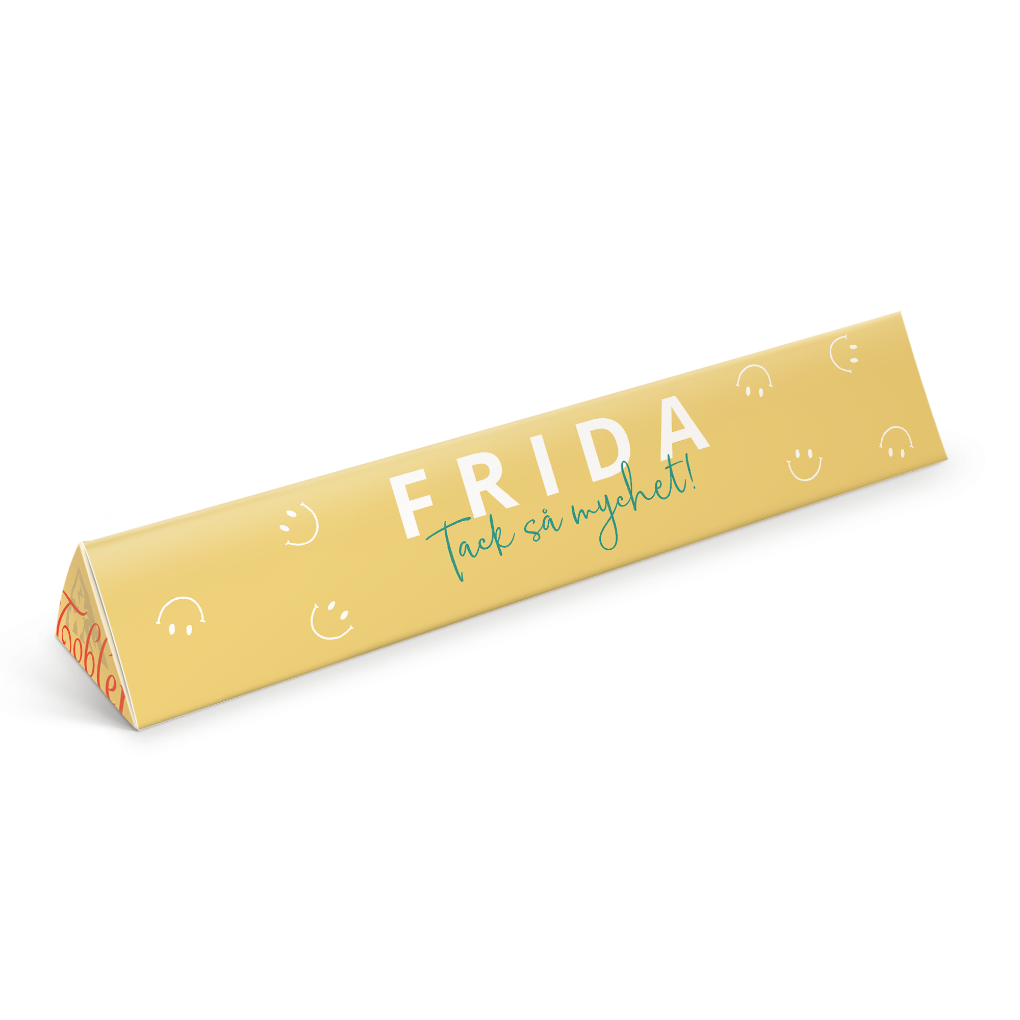 Personaliserad Toblerone med Frida och Tack så mycket tryckt i fullfärg.