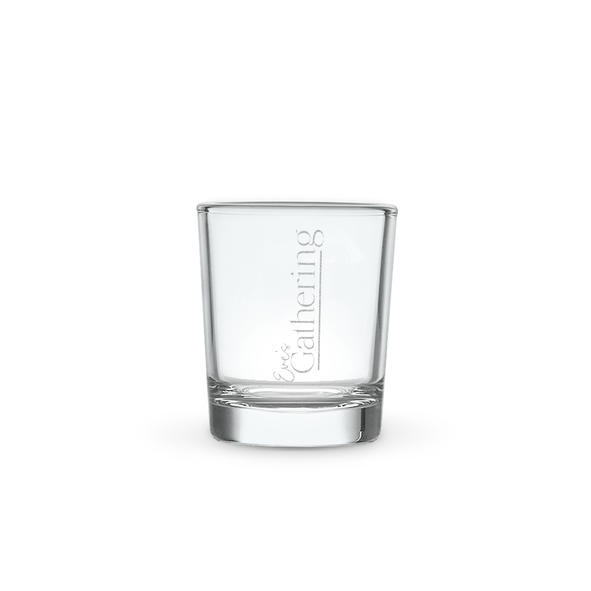 Vaso de chupito de cristal azul grabado con el texto vertical "Eve's Gathering" para fiestas.