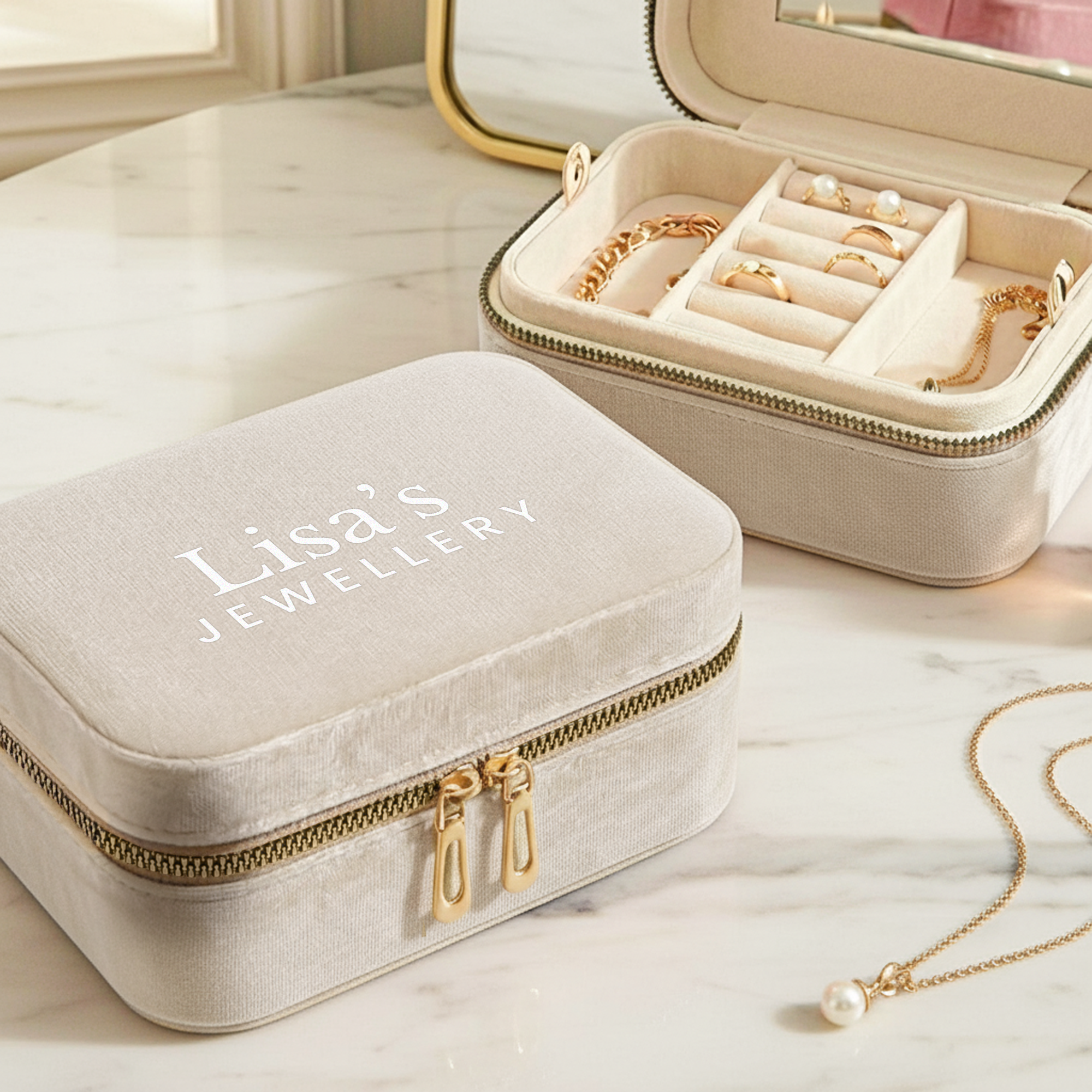 Personligt smyckeskrin - Rektangulär - Beige med texten Lisas Jewellery tryckt i vitt. Smyckeskrinet kan anpassas med din egen text.