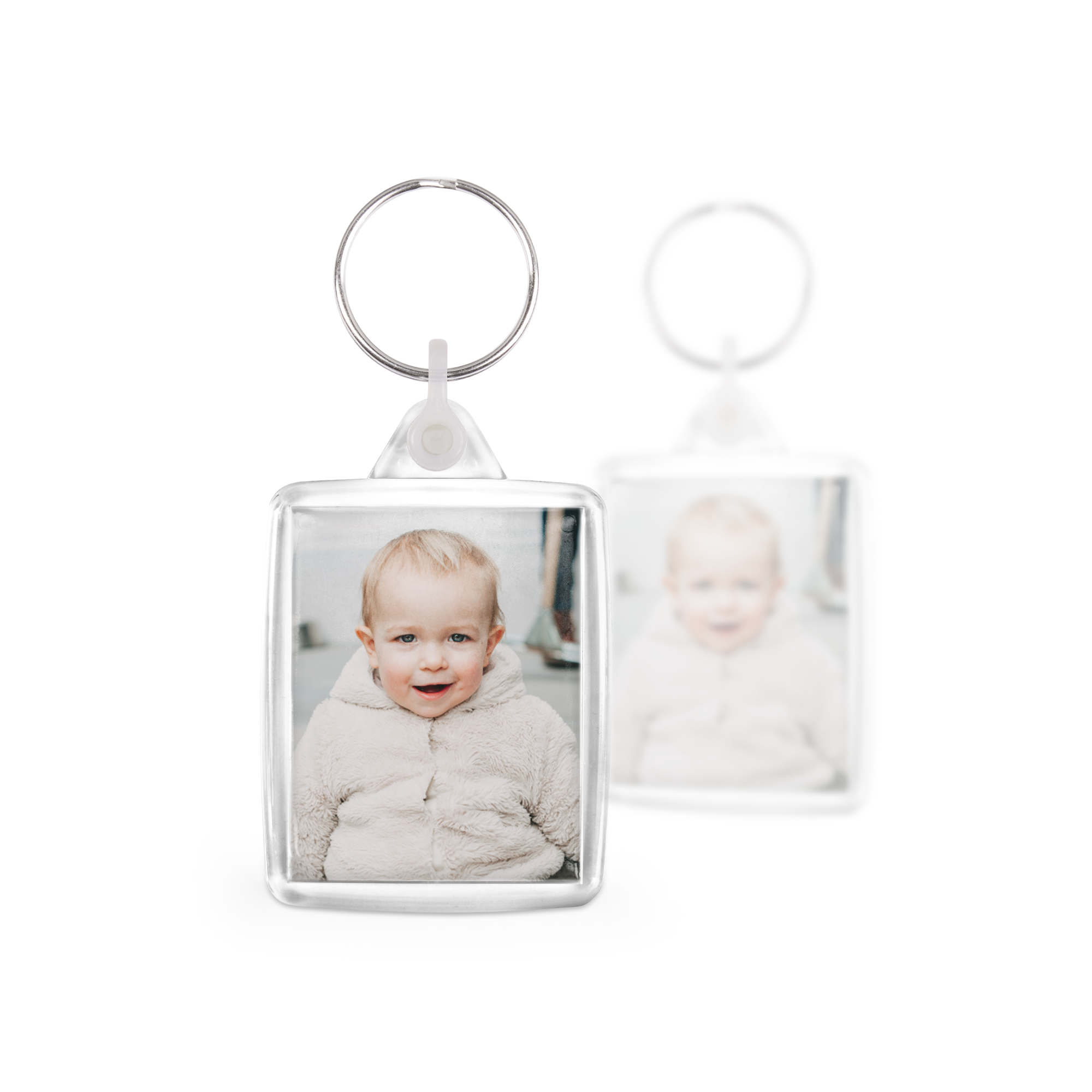 Conjunto de chaveiros exclusivos com impressão de foto personalizada de um bebê sorridente em ambos os lados