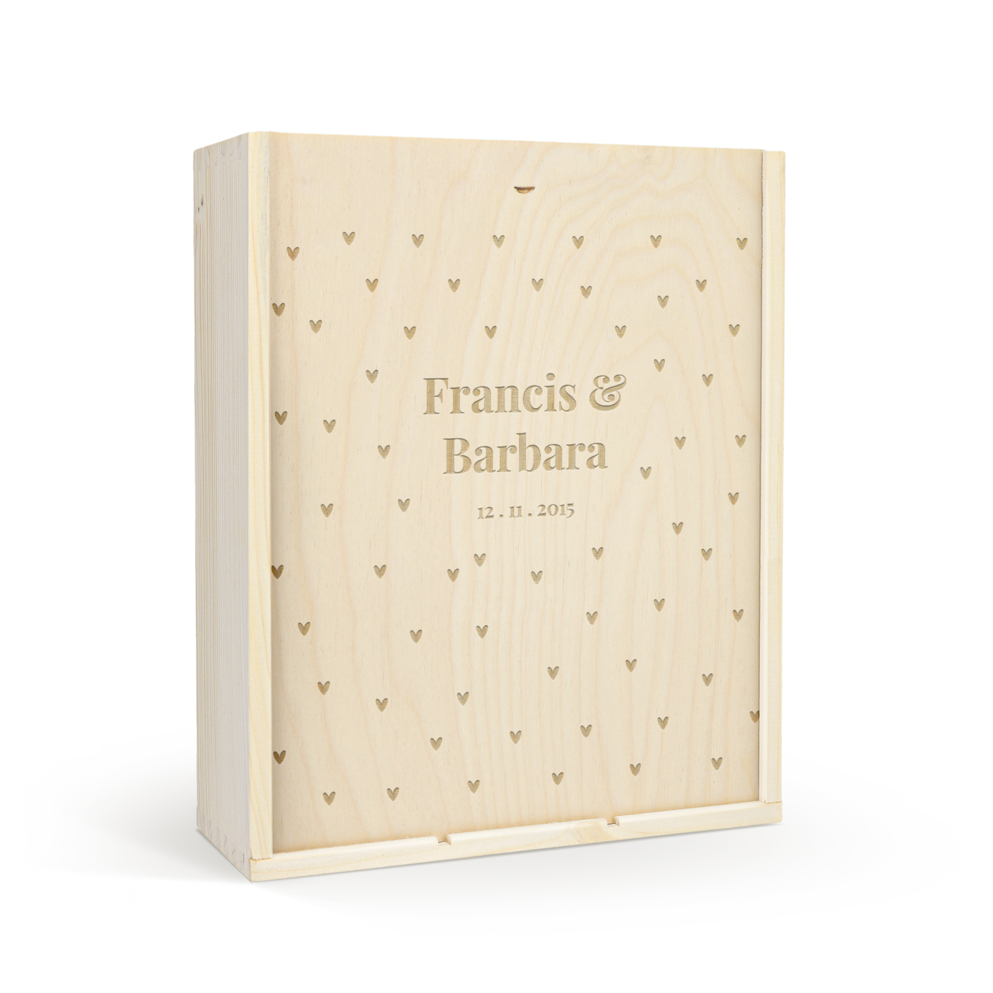 Caisse à vin de luxe personnalisée, gravée d'un design de coeurs, des noms Francis et Barbara et de la date 12.11.2015