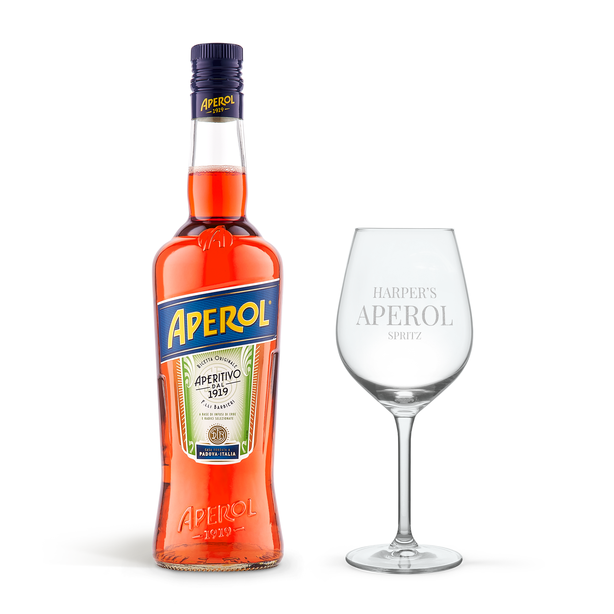 Personalizovaný dárkový set Aperol Spritz s lahví Aperolu a gravírovanou sklenicí s textem Aperol Spritz