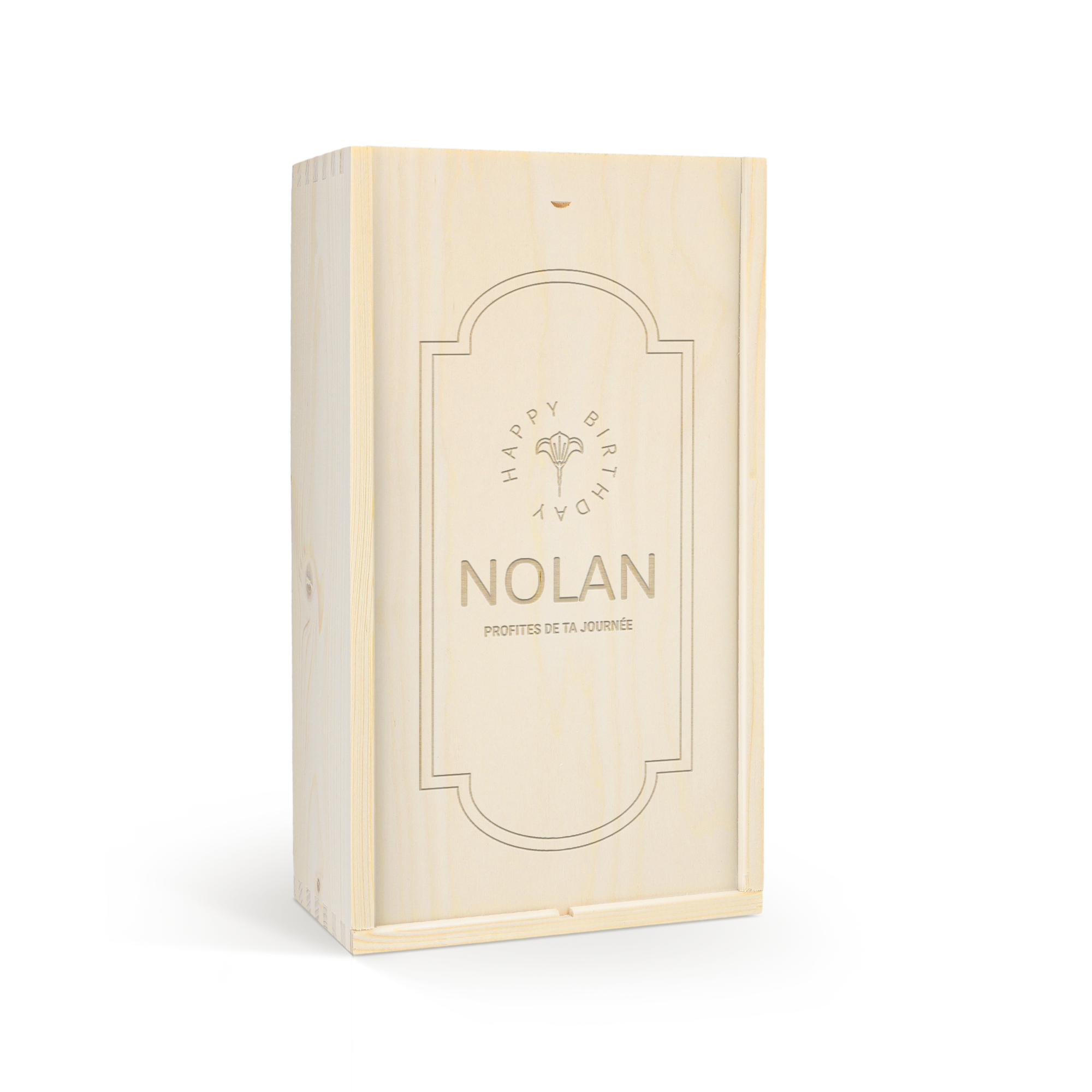 Coffret en bois gravé pour gin tonic avec texte Happy Birthday Nolan et une fleur, cadeau personnalisé.