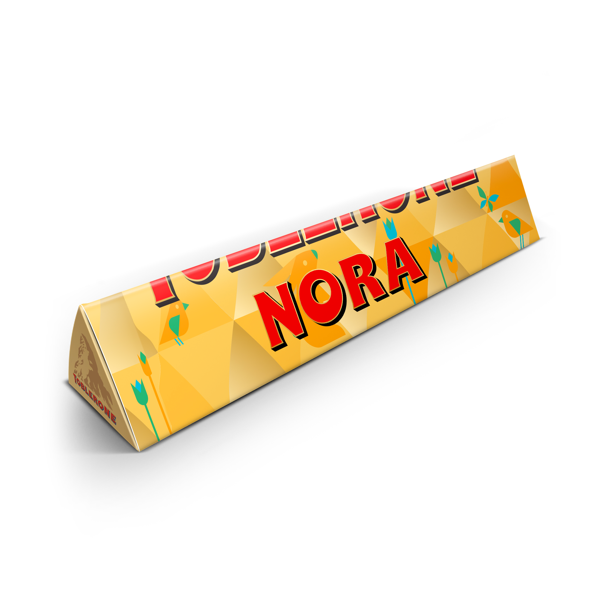 Personlig Toblerone chokolade med "NORA" trykt på indpakningen i rødt med guldskygge.