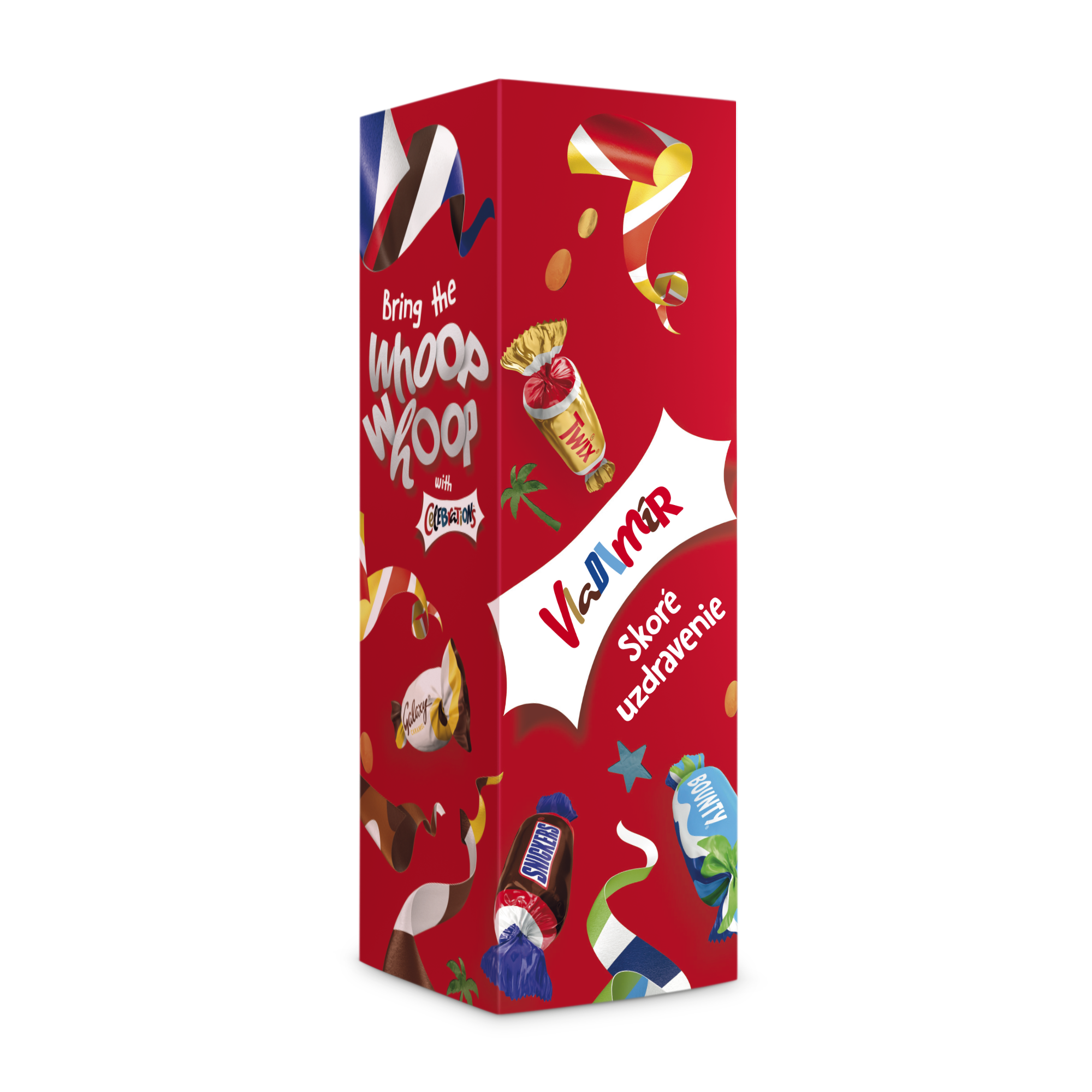 Červená osobná fľaša Celebrations so sladkosťami, s vytlačeným menom Vladimír a prianím Skoré uzdravenie.