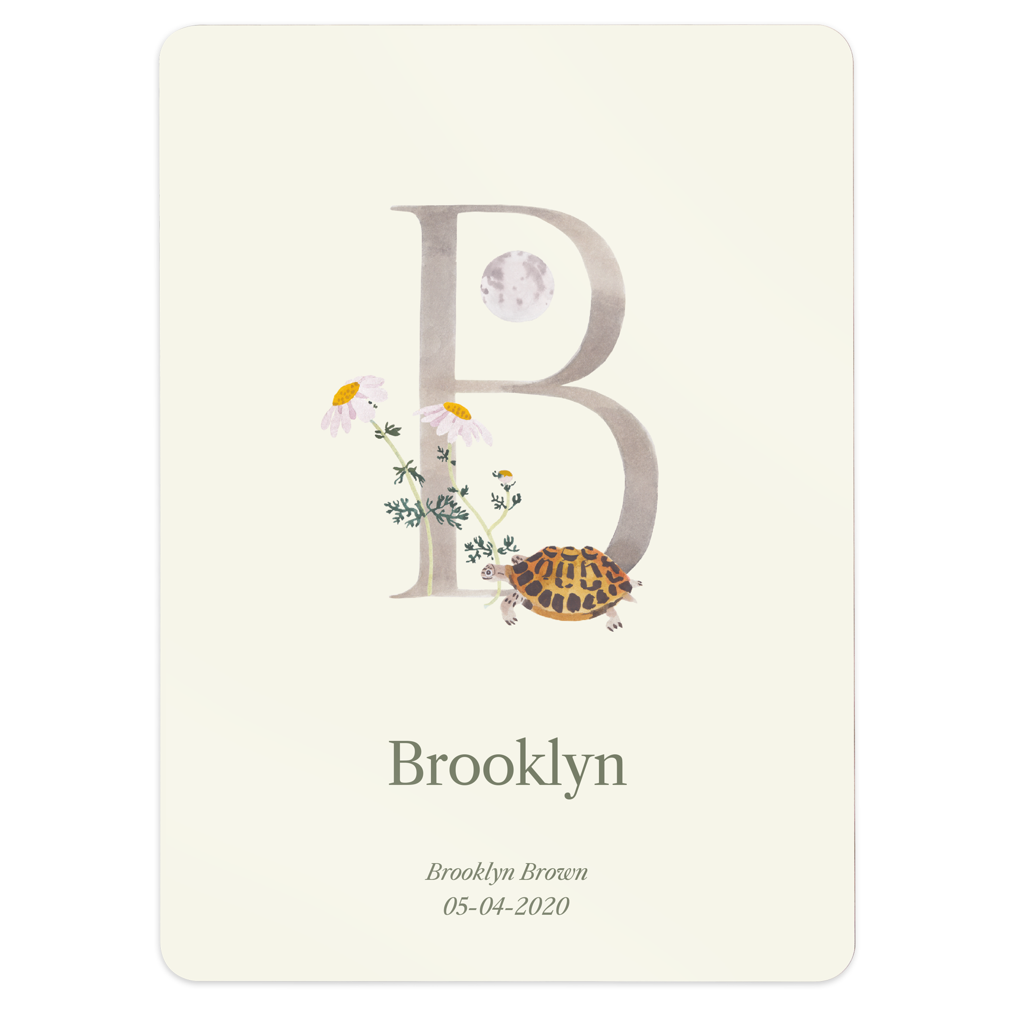 Osobní dětský plakát Milestone® s písmenem B, jménem Brooklyn a datem 05-04-2020, tištěný na dřevotřískovou desku.