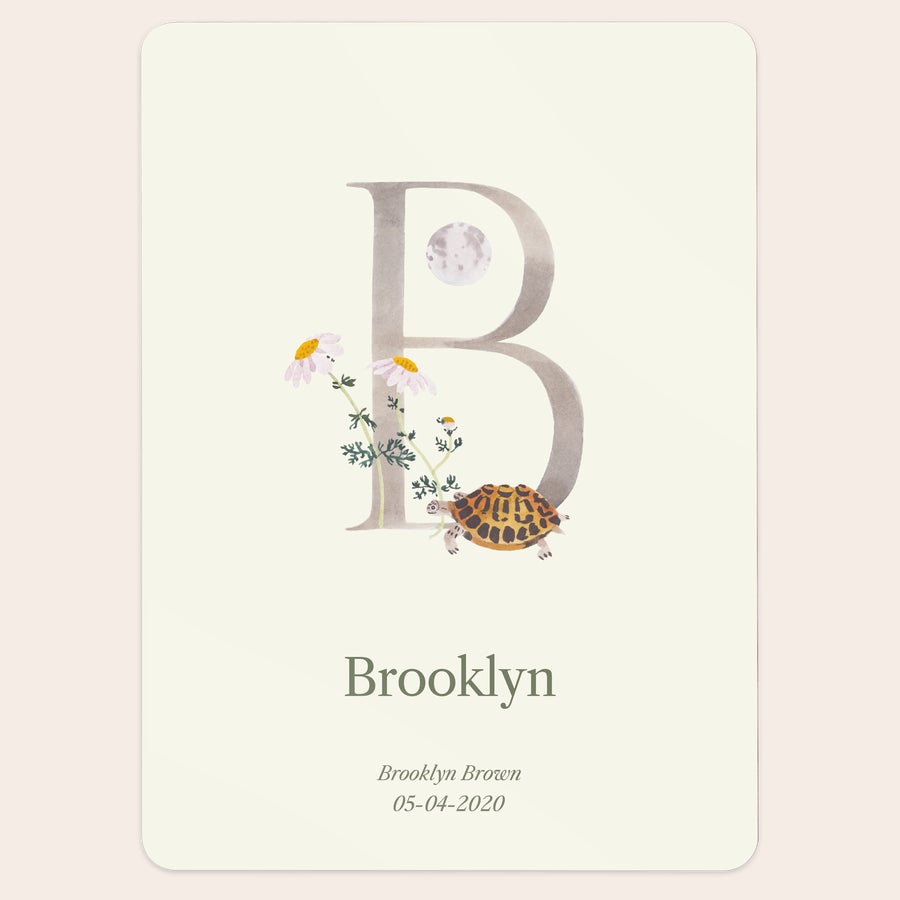 Personlig Milestone® babyplakat - Brev Milestone® brev babyplakat trykt med bokstaven B, skilpadde, blomster, babyens navn Brooklyn og fødselsdato.
