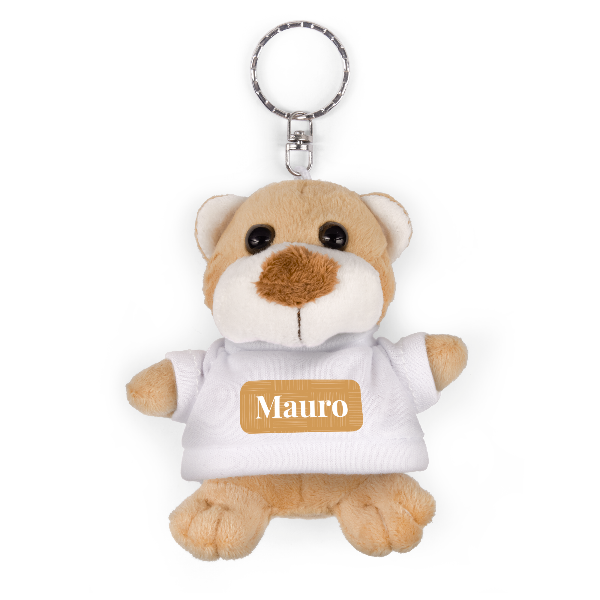 Portachiavi orsetto di peluche marrone chiaro con maglietta bianca stampata con il nome Mauro personalizzabile