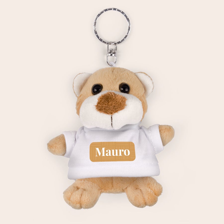 Portachiavi Orsetto - Con Nome Portachiavi orsetto di peluche marrone chiaro con maglietta bianca stampata con il nome Mauro personalizzabile