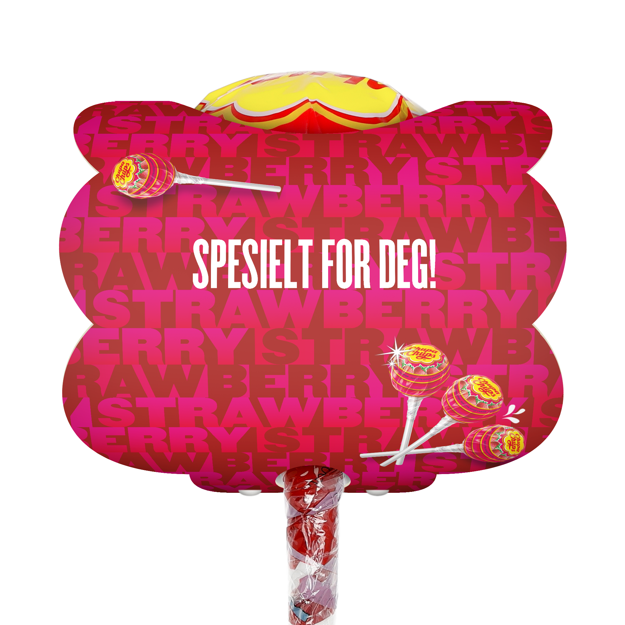 Mega Chupa Chups personlig jordbær med 20 ispinner, spesialtilpasset med tekst "SPESIELT FOR DEG!"
