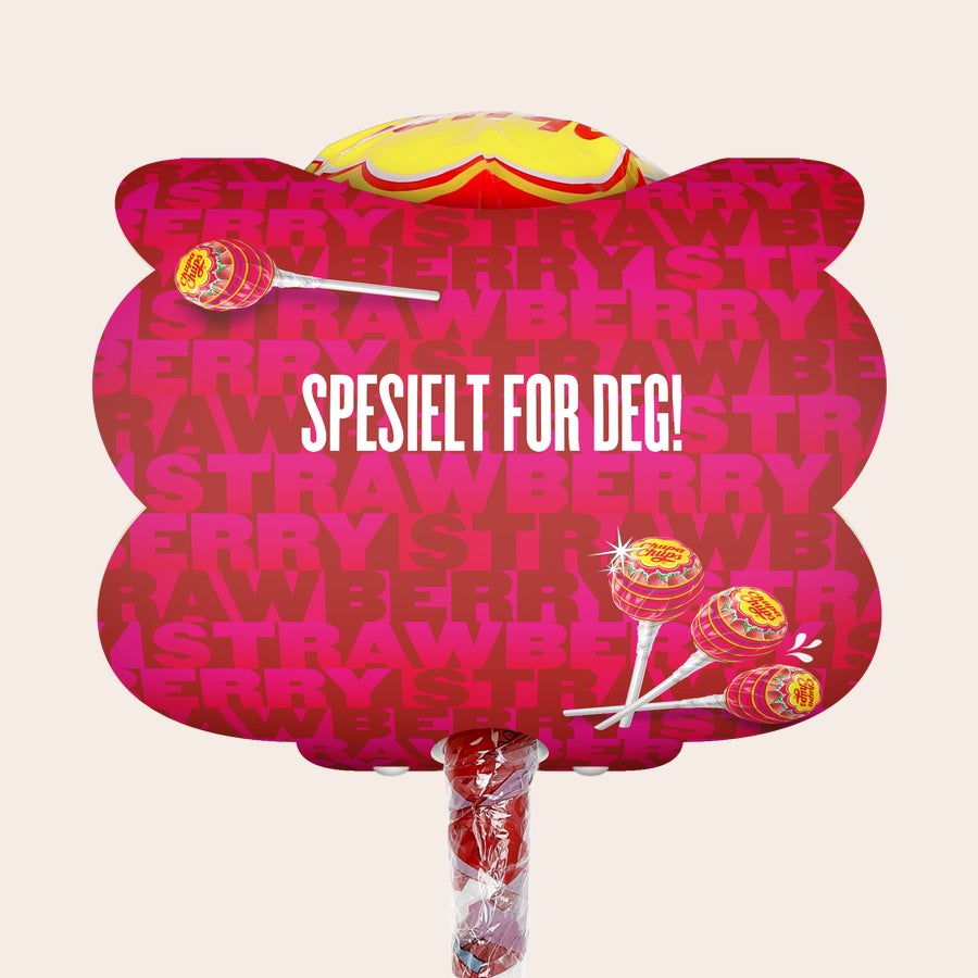 Mega Chupa Chups - personlig Mega Chupa Chups personlig jordbær med 20 ispinner, spesialtilpasset med tekst "SPESIELT FOR DEG!"