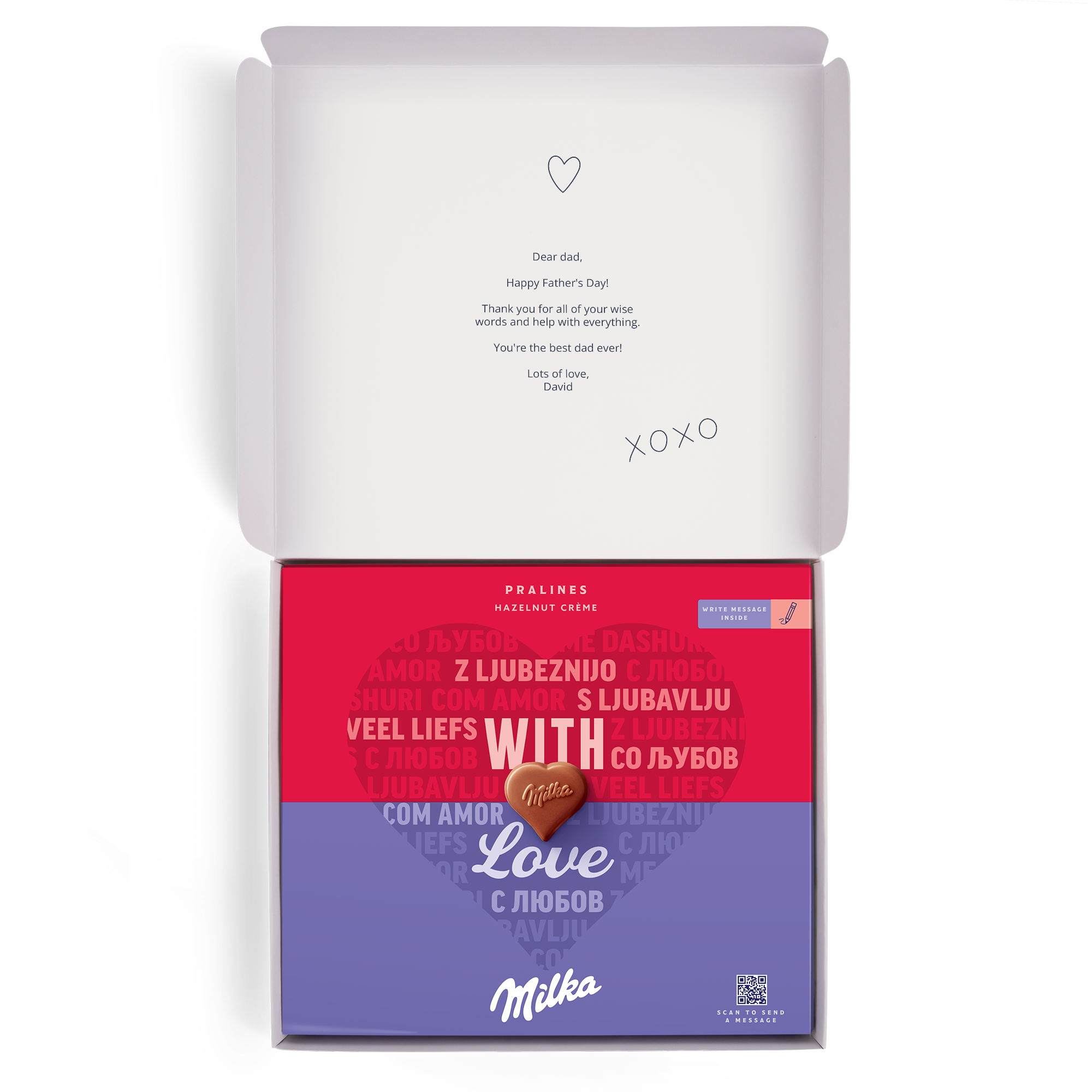 Personalized Milka gift box for Father's Day with a custom message and a heart-shaped chocolate praline.