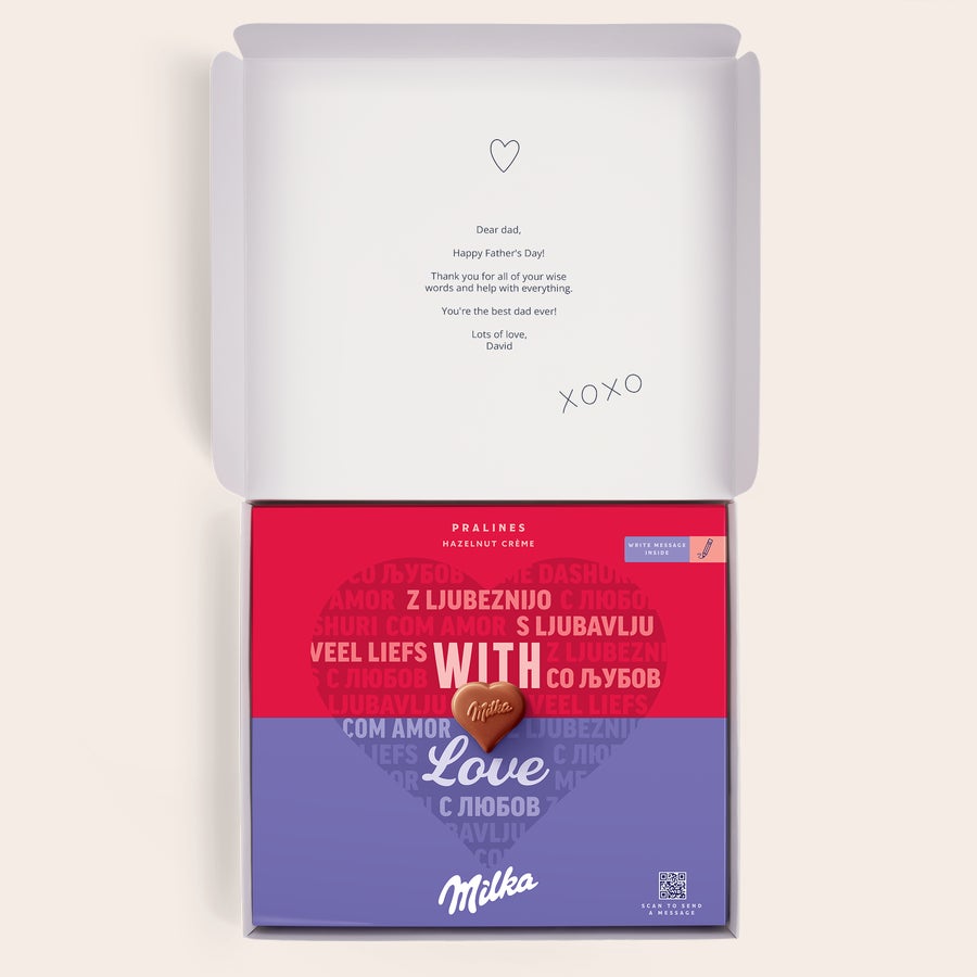 Pralinés de Milka Día del Padre Caja regalo personalizada Milka para el Día del Padre con mensaje impreso a tu gusto y bombones.