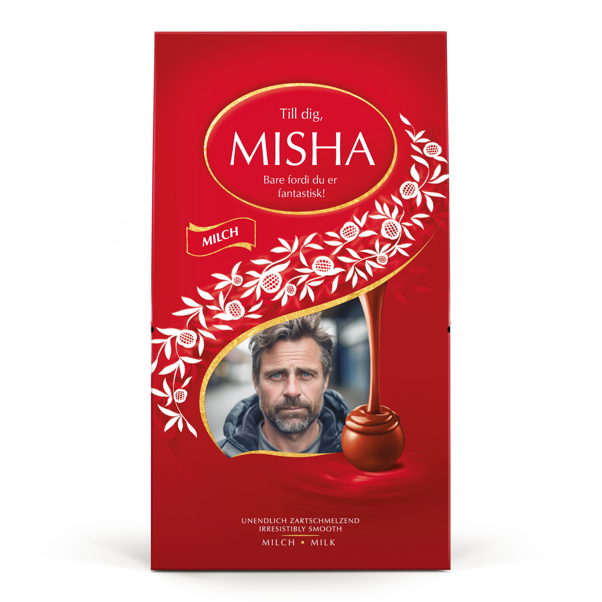 Lindt chokolade gaveæske med eget billede og teksten "Till dig, MISHA Bare fordi du er fantastisk!"